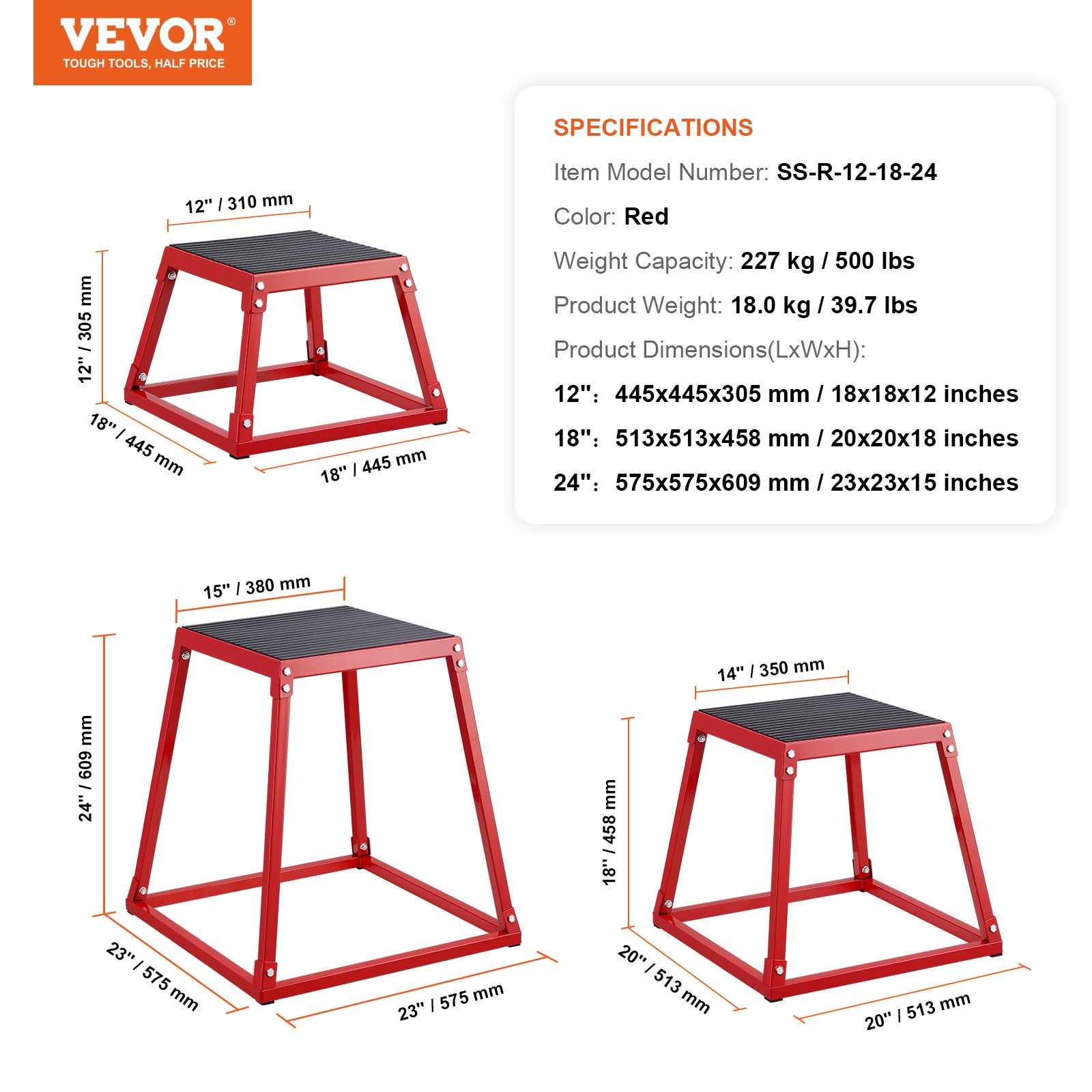 VEVOR Plyometric Jump Boxes, 12/18/24 Inch Plyo Box, Platform and Jumping Agility Box, Anti-Slip Fitness Exercise Step Up Box Set for Home Gym Training, Conditioning Strength Training, Red 7