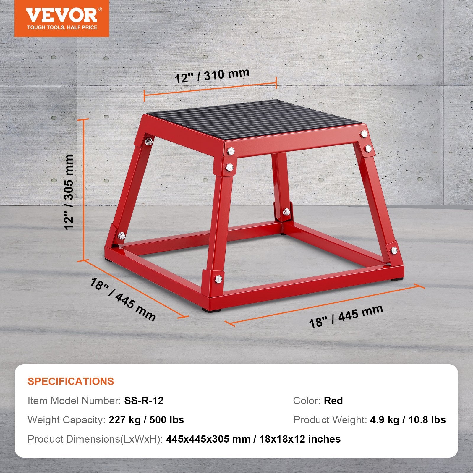 VEVOR Plyometric Jump Box, 12 Inch Plyo Box, Steel Plyometric Platform and Jumping Agility Box, Anti-Slip Fitness Exercise Step Up Box for Home Gym Training, Conditioning Strength Training, Red 7