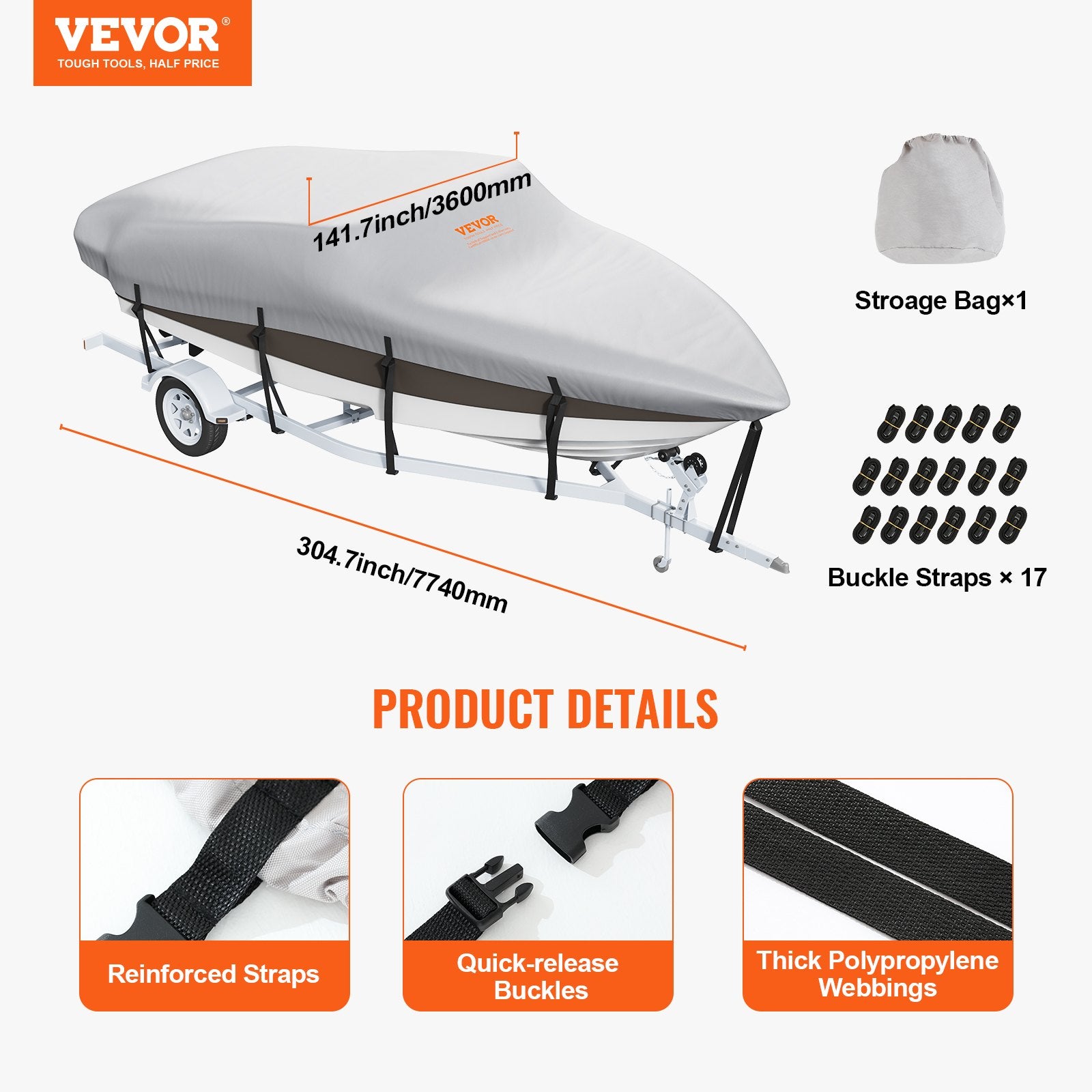 VEVOR Boat Cover 600D Waterproof 23-24 ft Boat Cover V-Hull Tri-Hull Runabout 7