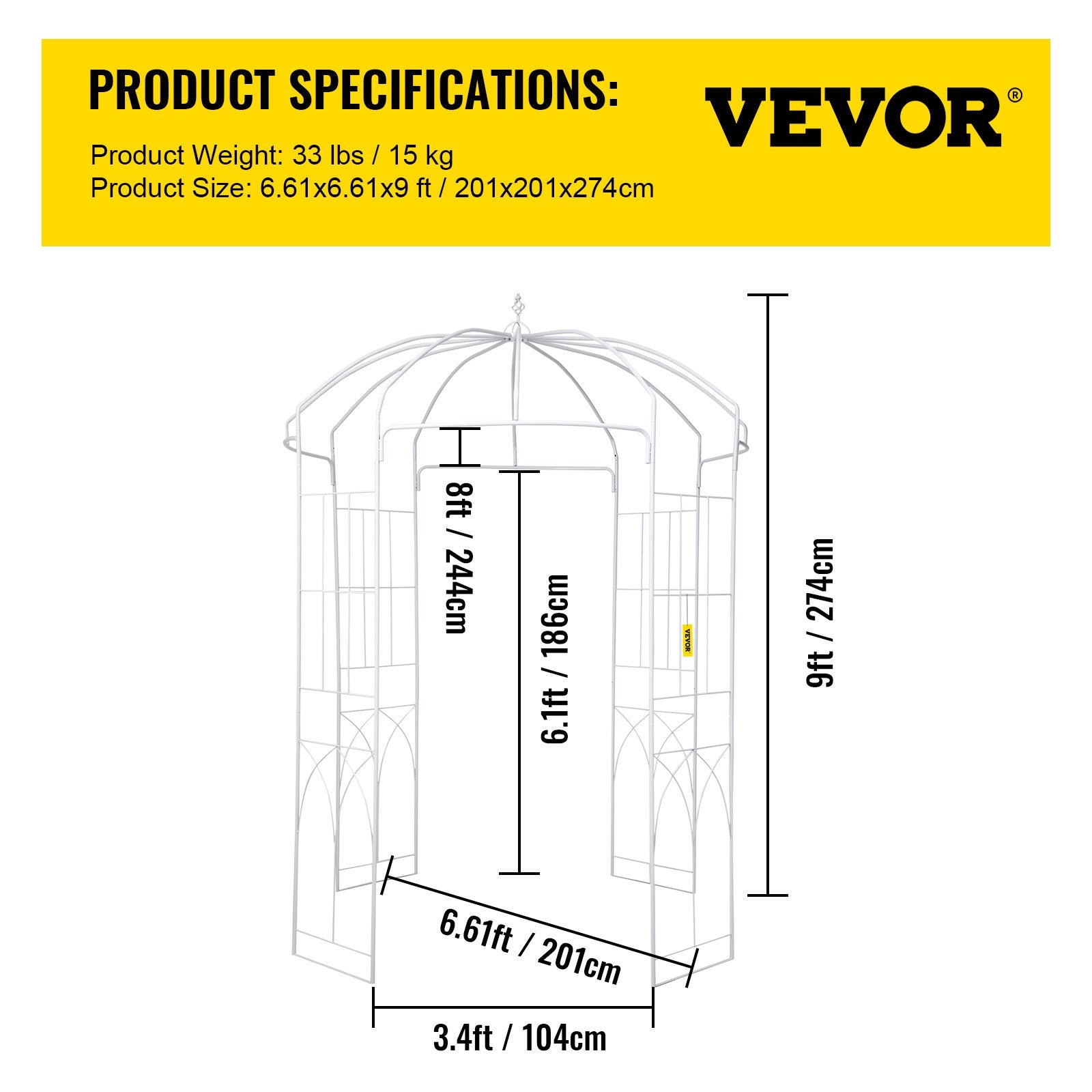 VEVOR Birdcage Shape Garden Arbor, 9\' High x 6.6\' Wide, Heavy Duty Wrought Iron Arbor, Wedding Arch Trellis for Climbing Vines in Outdoor Garden, Lawn, Backyard, Patio, White 7