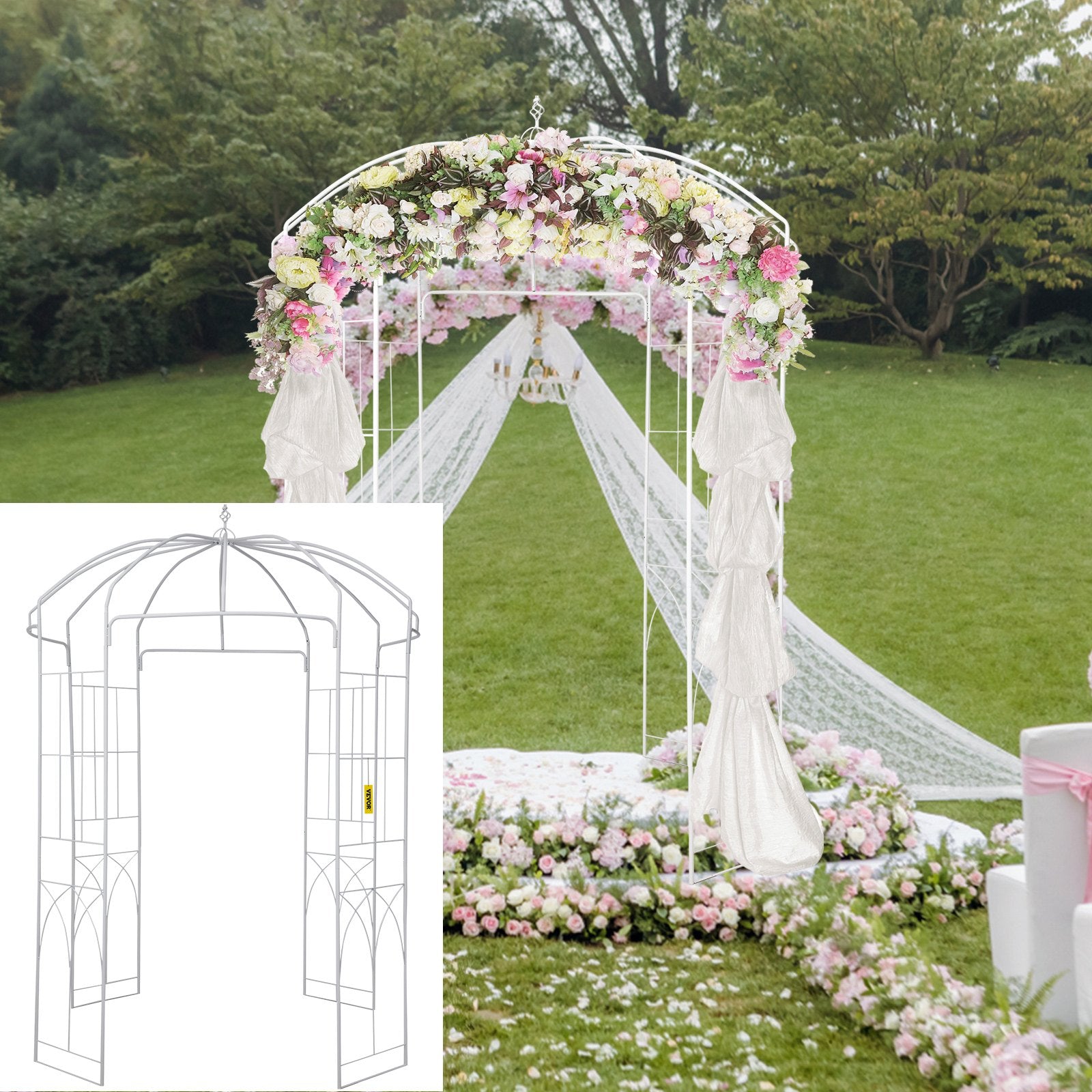 VEVOR Birdcage Shape Garden Arbor, 9\' High x 6.6\' Wide, Heavy Duty Wrought Iron Arbor, Wedding Arch Trellis for Climbing Vines in Outdoor Garden, Lawn, Backyard, Patio, White 8
