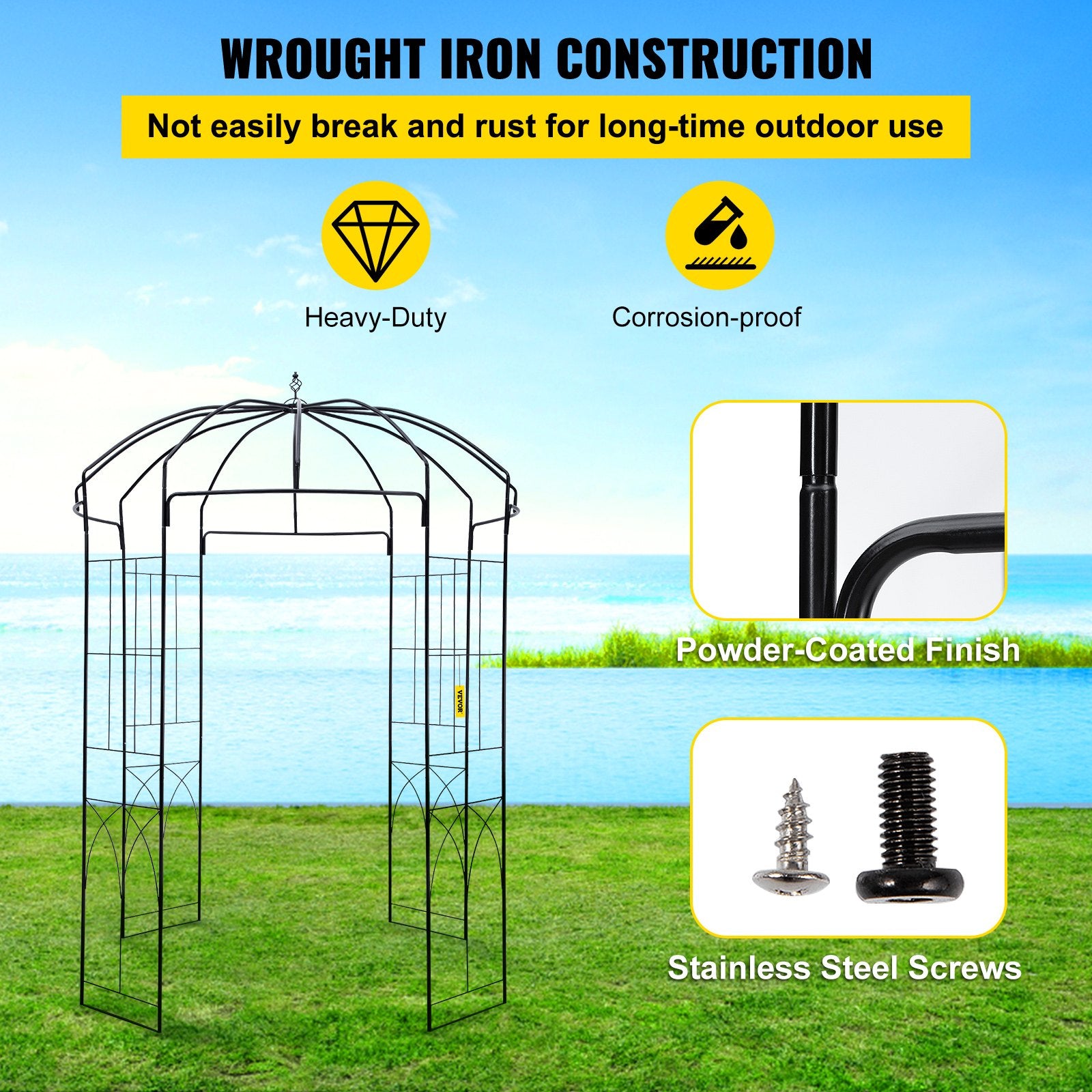 VEVOR Birdcage Shape Garden Arbor, 2.44m High, 1.59m Wide, Heavy Duty Wrought Iron Arbor, Wedding Arch Trellis for Climbing Vines in Outdoor Garden, Backyard, Lawn, Patio, Black 3