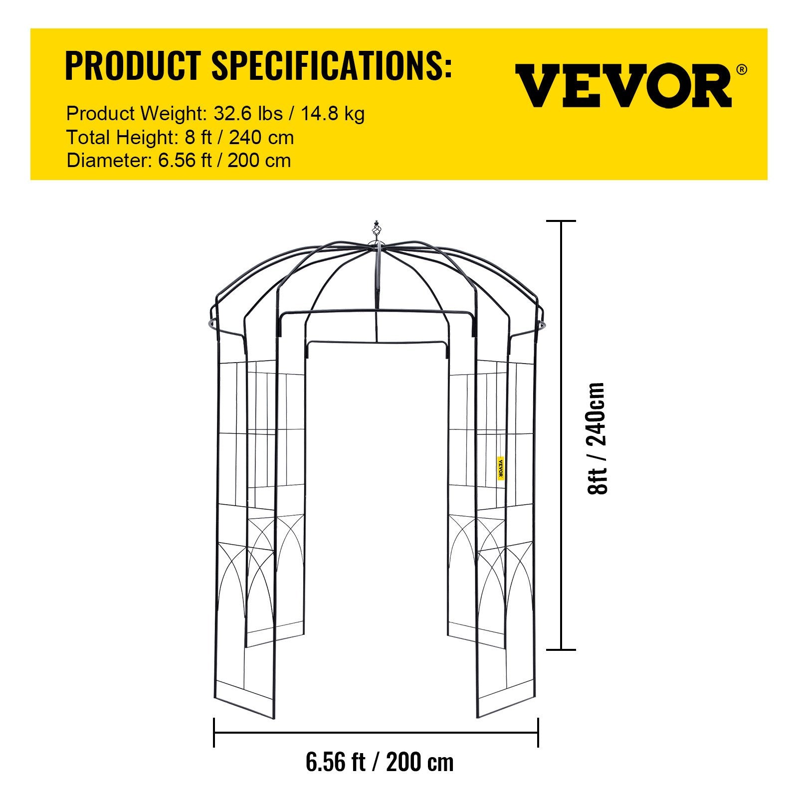 VEVOR Birdcage Shape Garden Arbor, 2.44m High, 1.59m Wide, Heavy Duty Wrought Iron Arbor, Wedding Arch Trellis for Climbing Vines in Outdoor Garden, Backyard, Lawn, Patio, Black 7