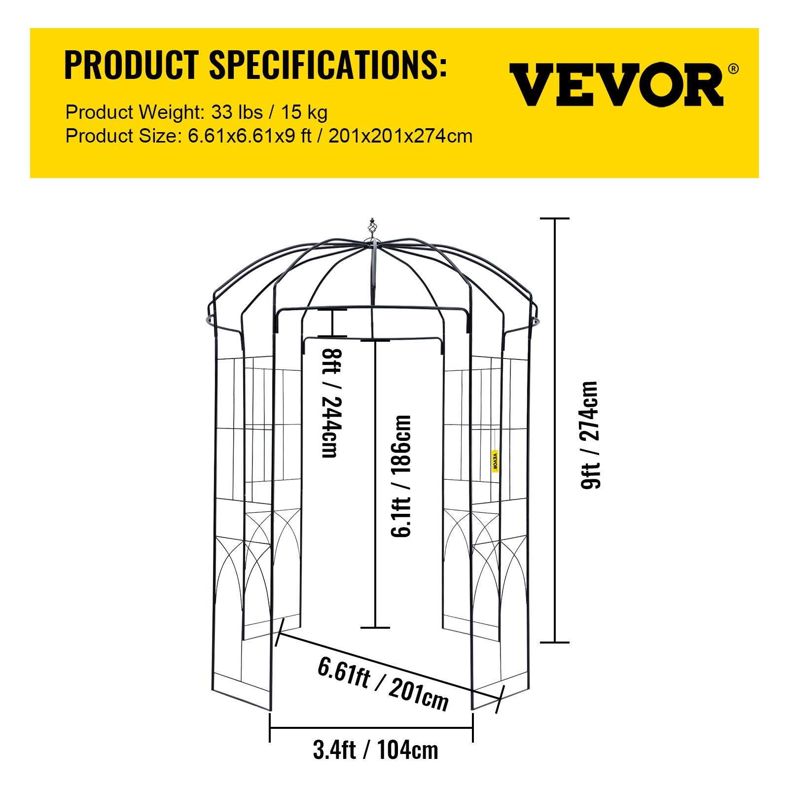 VEVOR Birdcage Shape Garden Arbor, 9\' High x 6.6\' Wide, Heavy Duty Wrought Iron Arbor, Wedding Arch Trellis for Climbing Vines in Outdoor Garden, Lawn, Backyard, Patio, Black 7