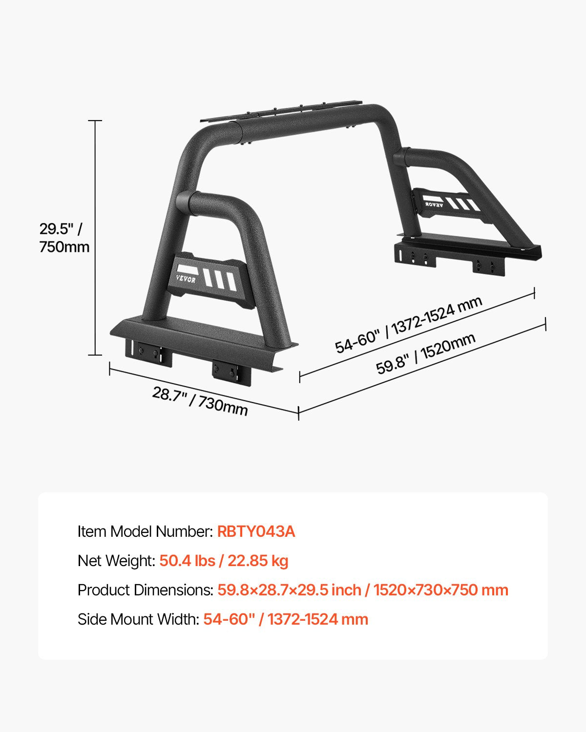 VEVOR Truck Bed Roll Bar Universal Chase Rack for Mid-Size Pickup Carbon Steel 7