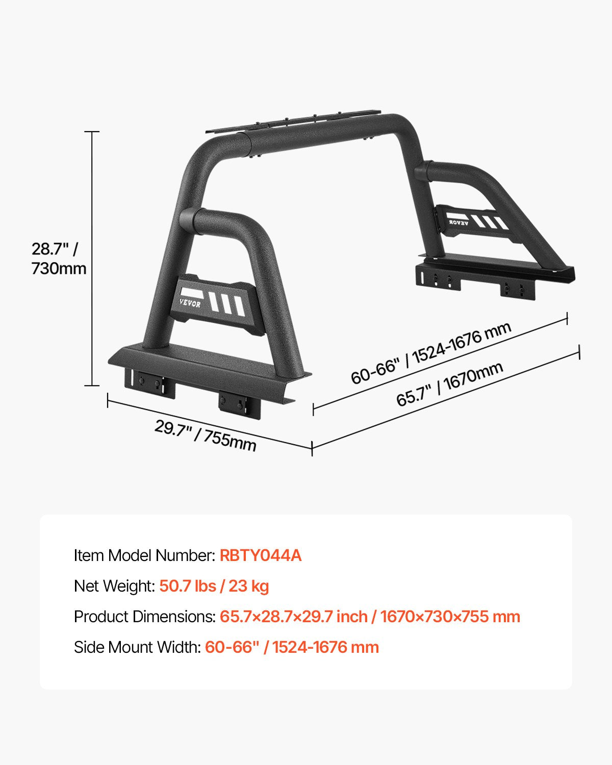 VEVOR Truck Bed Roll Bar Universal Chase Rack for Full-Size Pickup Carbon Steel 7