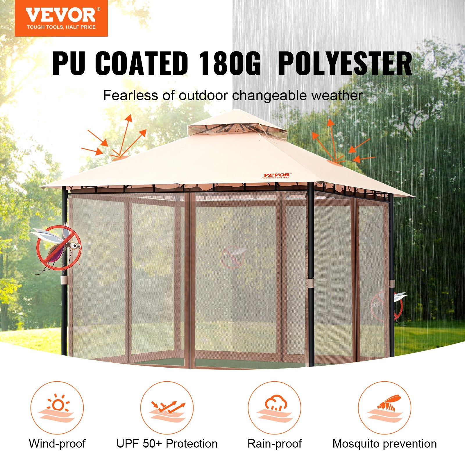 VEVOR Patio Gazebo for 6-8 Person, 3.05 x 3.05 m Backyard Gazebo, with Mosquito Netting, Metal Frame, and PU Coated 180G Polyester, Outdoor Canopy Shelter for Patio, Backyard, Lawn, Garden, Deck