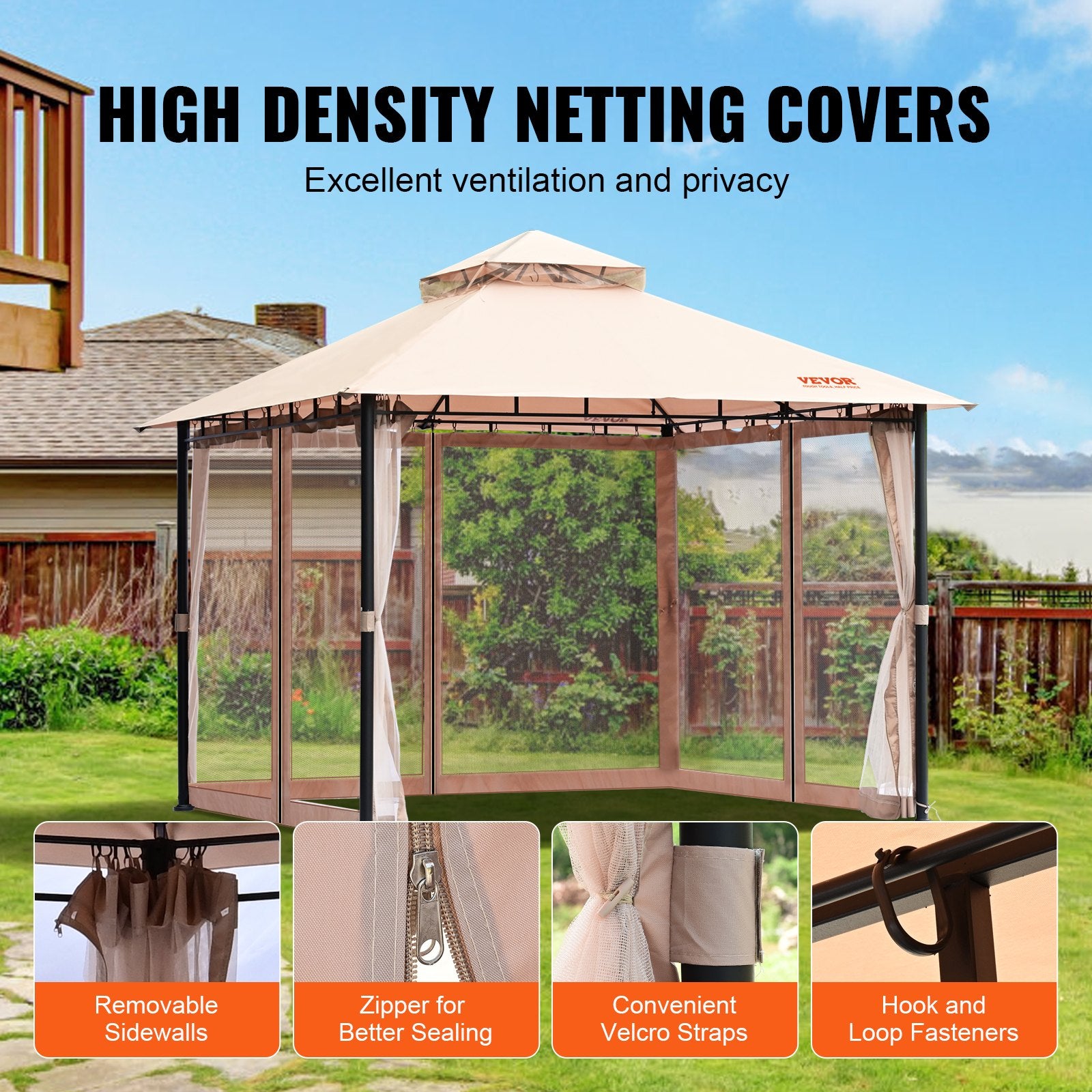 VEVOR Patio Gazebo for 6-8 Person, 3.05 x 3.05 m Backyard Gazebo, with Mosquito Netting, Metal Frame, and PU Coated 180G Polyester, Outdoor Canopy Shelter for Patio, Backyard, Lawn, Garden, Deck 5