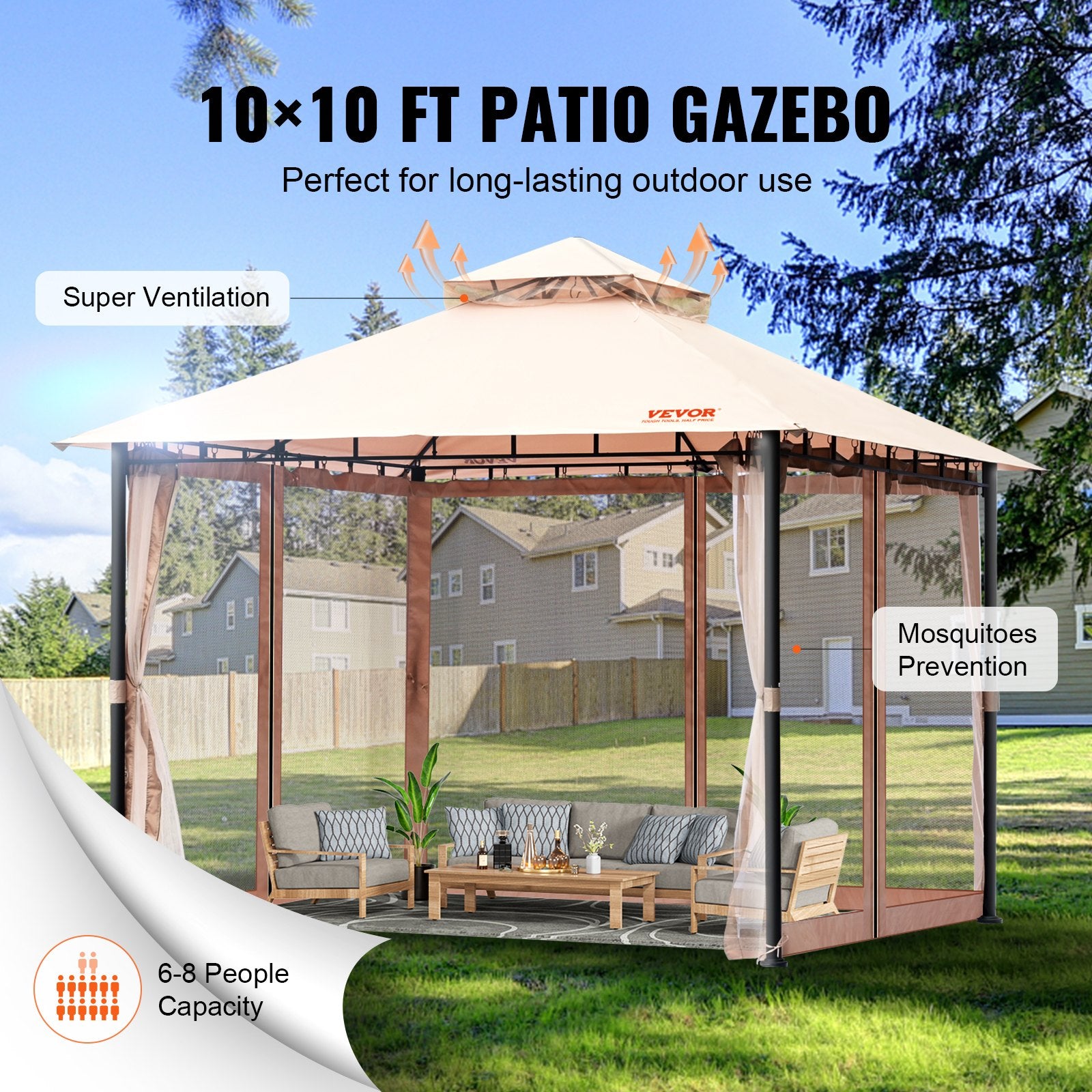 VEVOR Patio Gazebo for 6-8 Person, 3.05 x 3.05 m Backyard Gazebo, with Mosquito Netting, Metal Frame, and PU Coated 180G Polyester, Outdoor Canopy Shelter for Patio, Backyard, Lawn, Garden, Deck 6