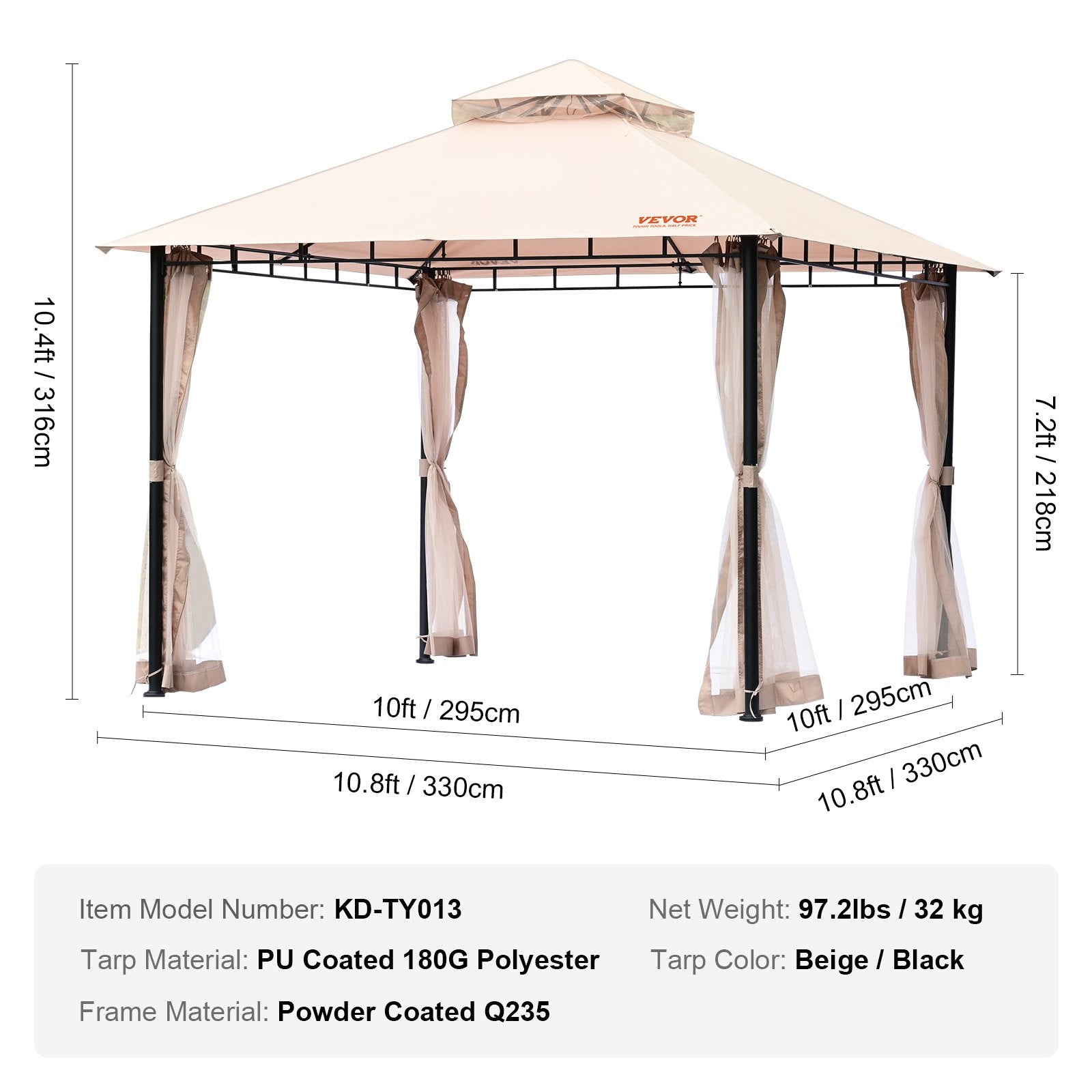 VEVOR Patio Gazebo for 6-8 Person, 3.05 x 3.05 m Backyard Gazebo, with Mosquito Netting, Metal Frame, and PU Coated 180G Polyester, Outdoor Canopy Shelter for Patio, Backyard, Lawn, Garden, Deck 7