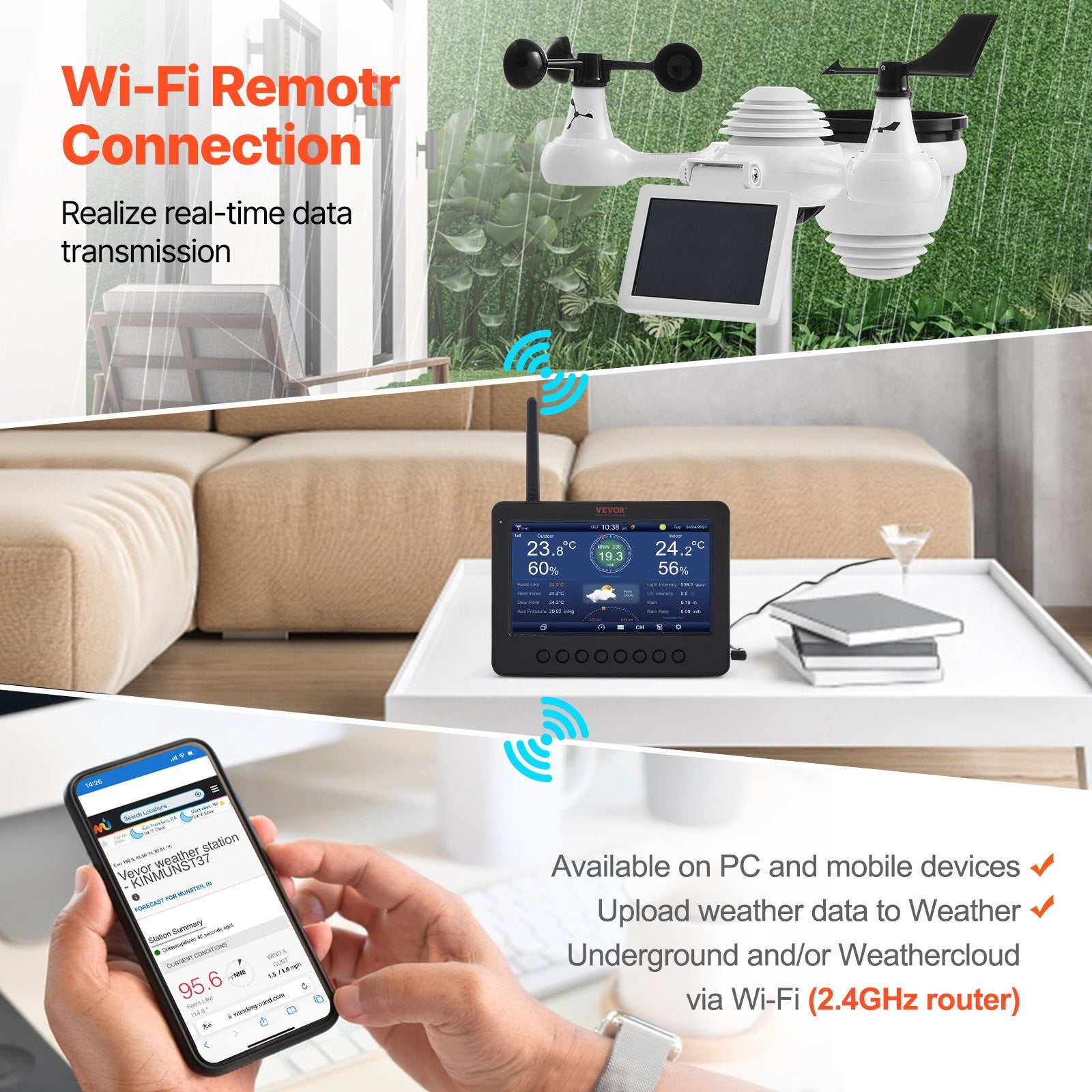 VEVOR 7-in-1 Wi-Fi Weather Station 177.8 mm TFT Display Wireless Outdoor Sensor 3