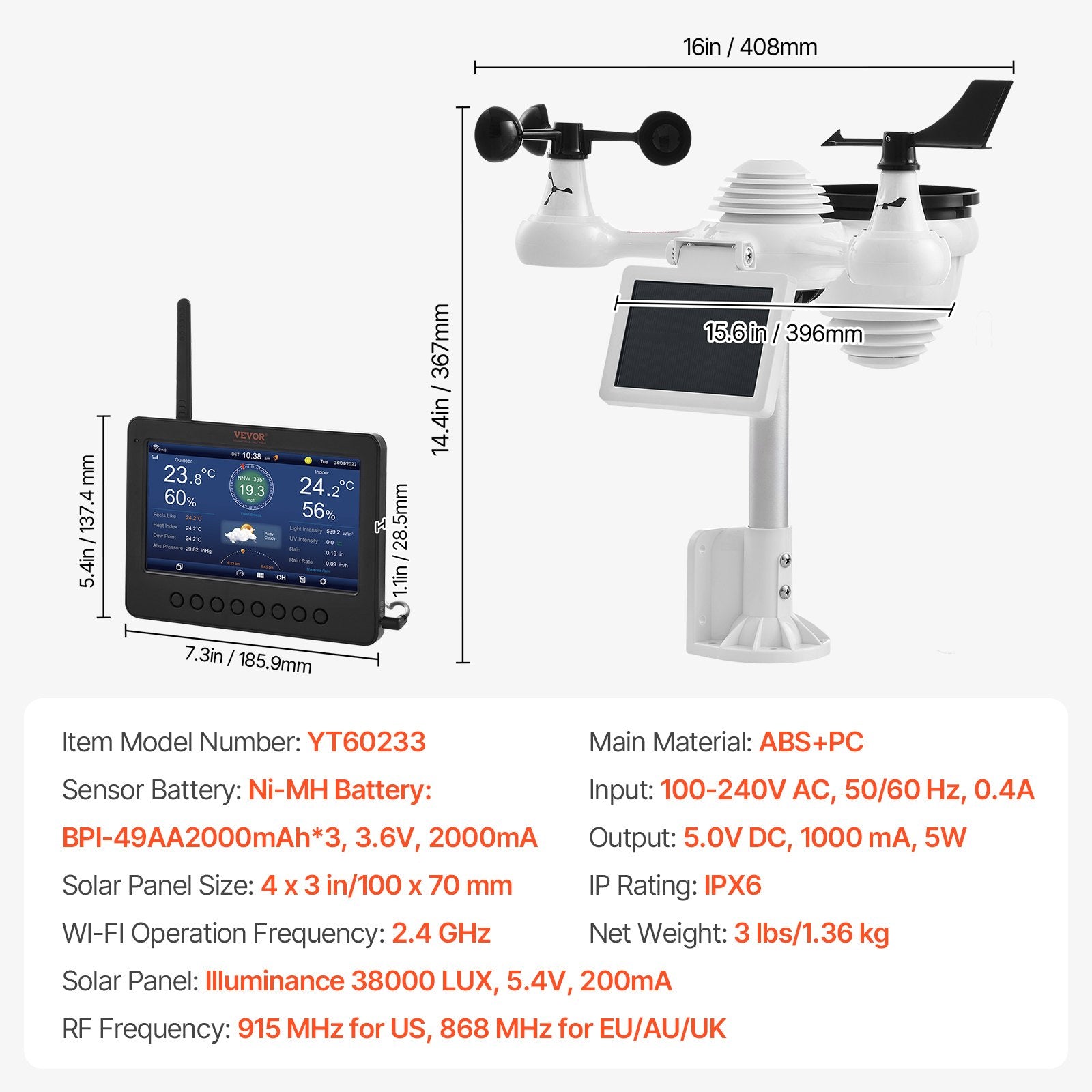 VEVOR 7-in-1 Wi-Fi Weather Station 177.8 mm TFT Display Wireless Outdoor Sensor 7