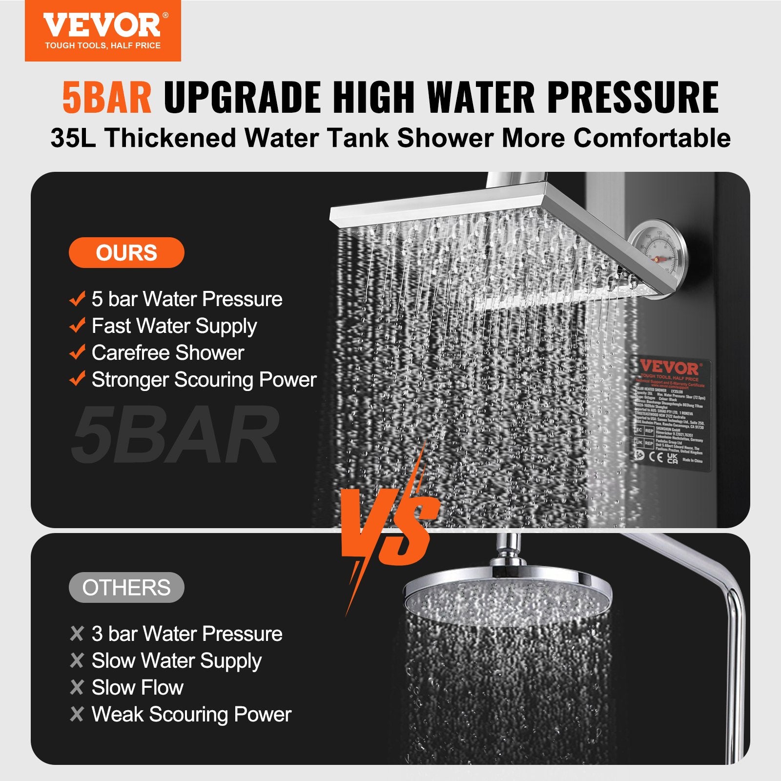 VEVOR Outdoor Solar Heated Shower, 35L Poolside Shower Kit with Shower Head and Foot Shower Tap, Double Buckle Fast Assembly W/ Pre-Drilled Holes for Outdoor Backyard Poolside Beach Spa