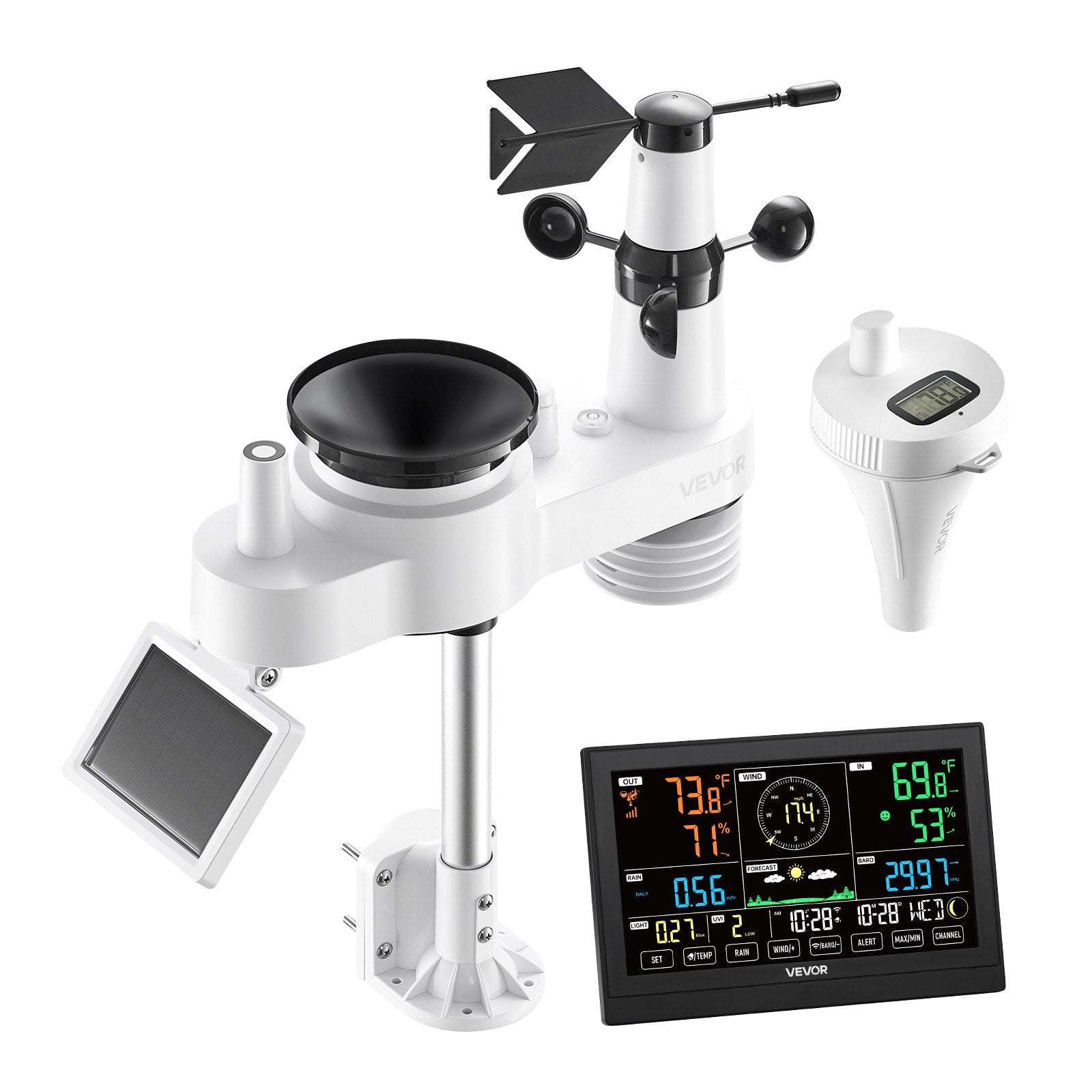 VEVOR 7-in-1 Wi-Fi Weather Station with APP, 190.5 mm Display, Wireless Solar Powered Outdoor Sensor, with Pool Thermometer, Rain Gauge, Indoor Outdoor for Weather Forecast Wind Speed Pool Temperature 10