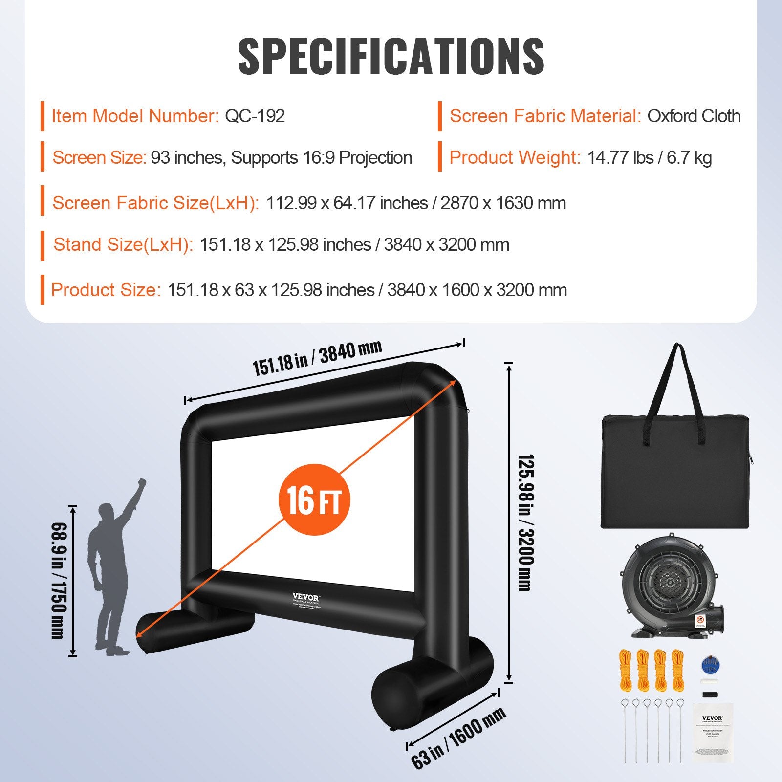 VEVOR Inflatable Movie Screen, 16 FT Inflatable Projector Screen for Outside with Blower and Carrying Bag, Front/Rear Projection, Oxford Fabric Blow Up Screen for Outdoor Parties Backyard Movie Night 7
