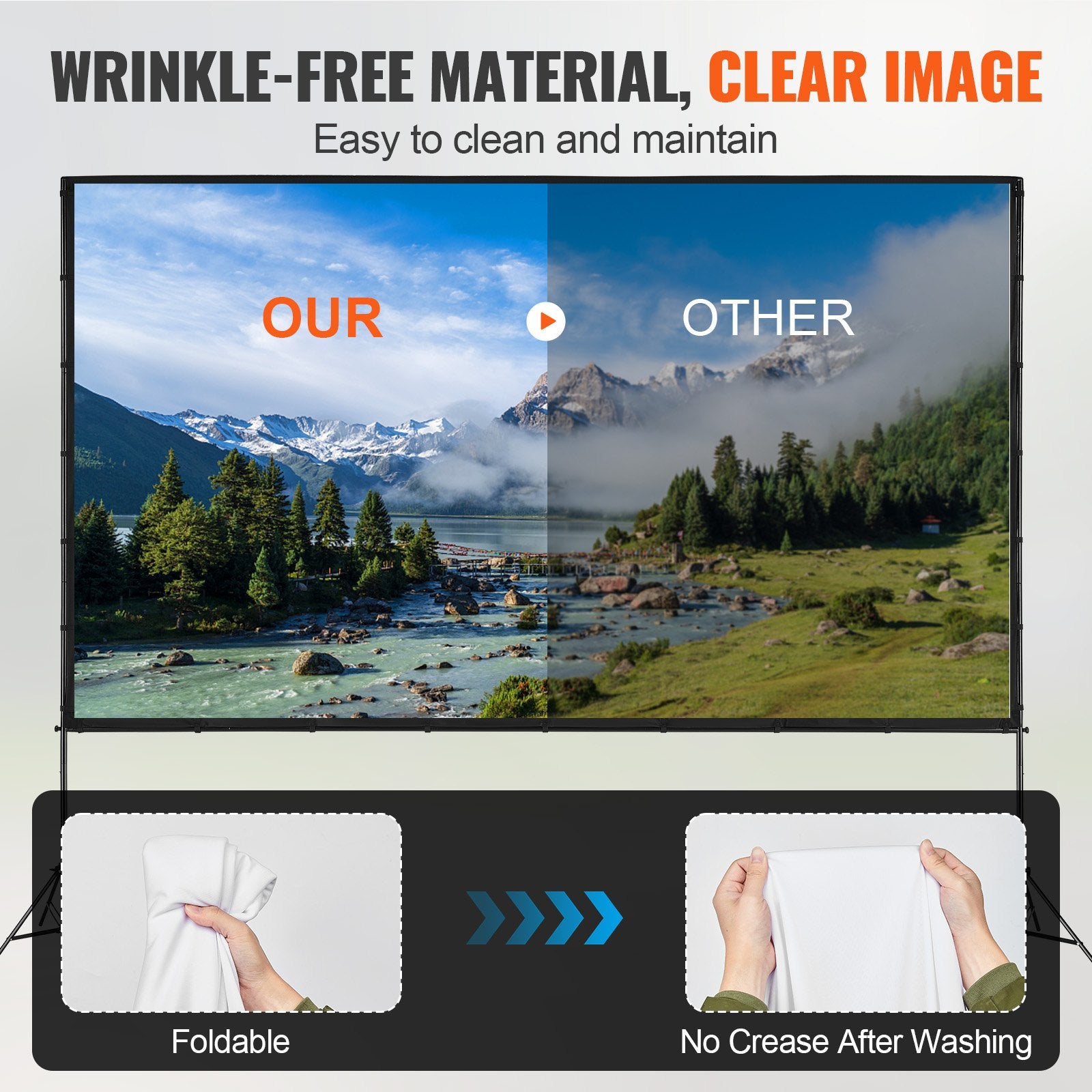 VEVOR Projector Screen with Stand, 150 inch 16:9 4K 1080 HD Outdoor Movie Screen with Stand, Wrinkle-Free Projection Screen with Tripods and Carry Bag, for Home Theater Cinema Backyard Movie Night 3