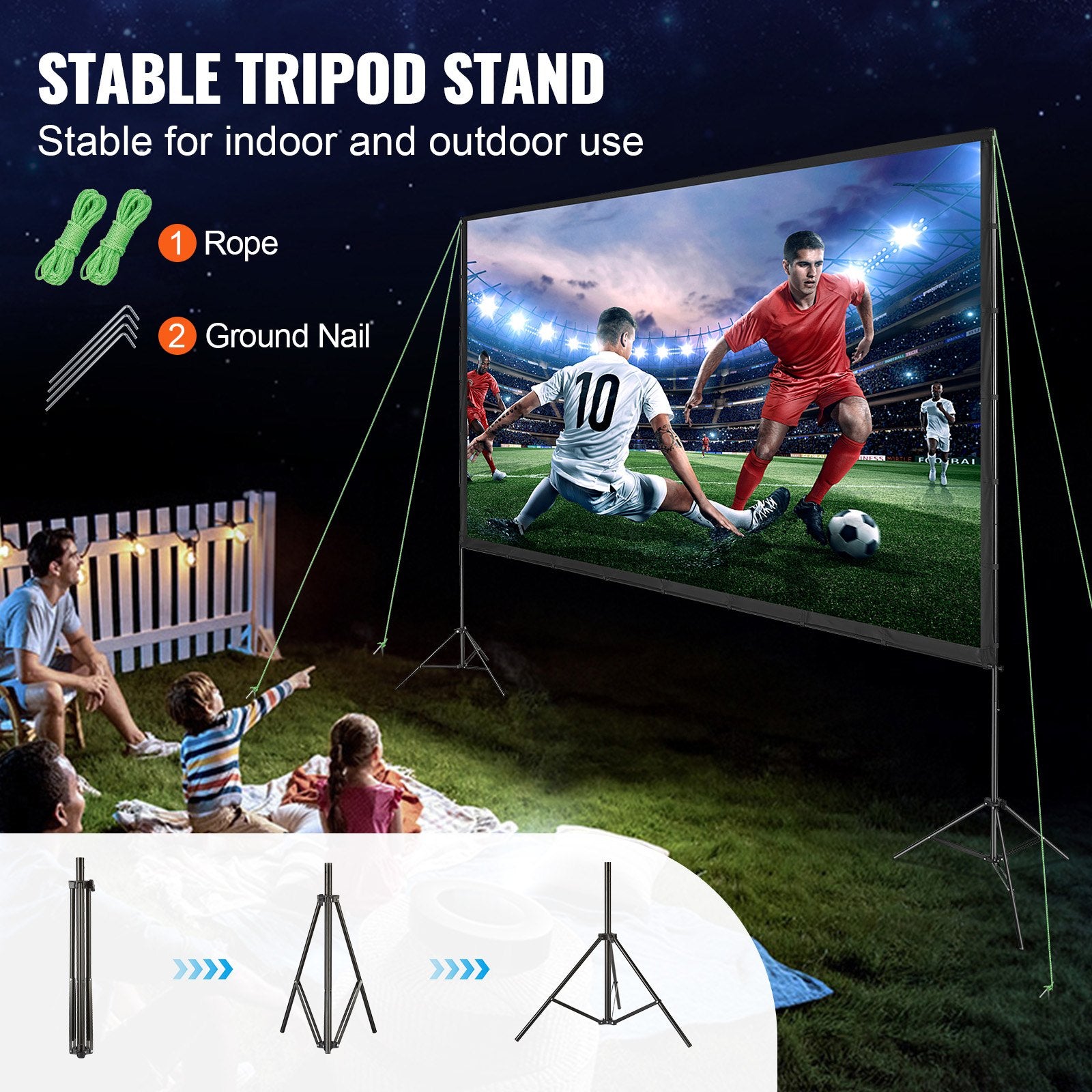 VEVOR Projector Screen with Stand, 150 inch 16:9 4K 1080 HD Outdoor Movie Screen with Stand, Wrinkle-Free Projection Screen with Tripods and Carry Bag, for Home Theater Cinema Backyard Movie Night 4