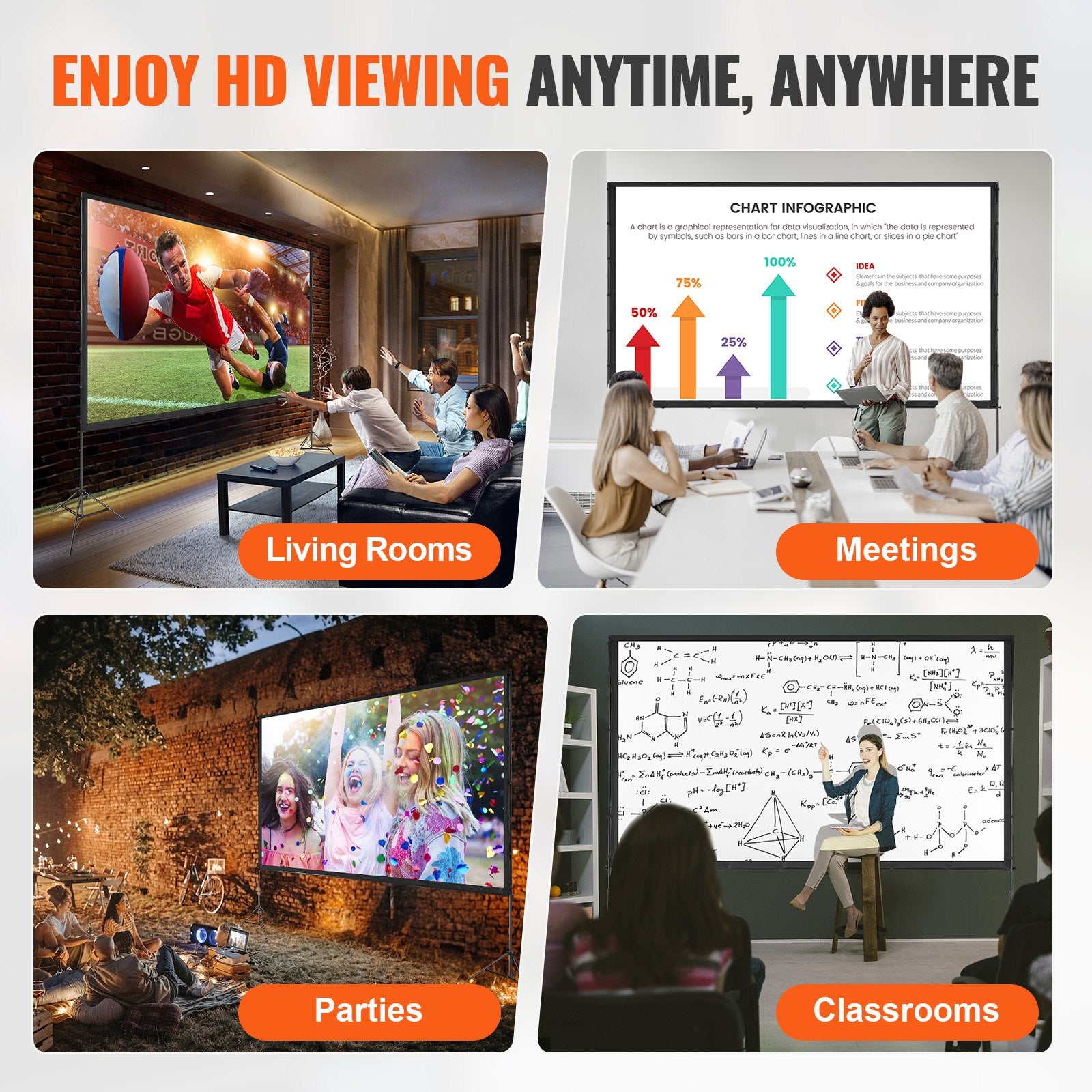 VEVOR Projector Screen with Stand, 150 inch 16:9 4K 1080 HD Outdoor Movie Screen with Stand, Wrinkle-Free Projection Screen with Tripods and Carry Bag, for Home Theater Cinema Backyard Movie Night 6