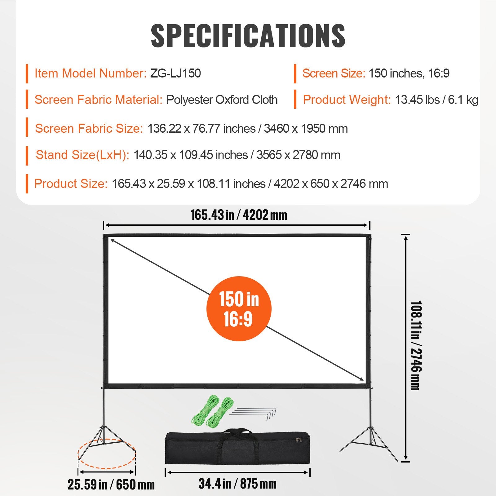 VEVOR Projector Screen with Stand, 150 inch 16:9 4K 1080 HD Outdoor Movie Screen with Stand, Wrinkle-Free Projection Screen with Tripods and Carry Bag, for Home Theater Cinema Backyard Movie Night 7