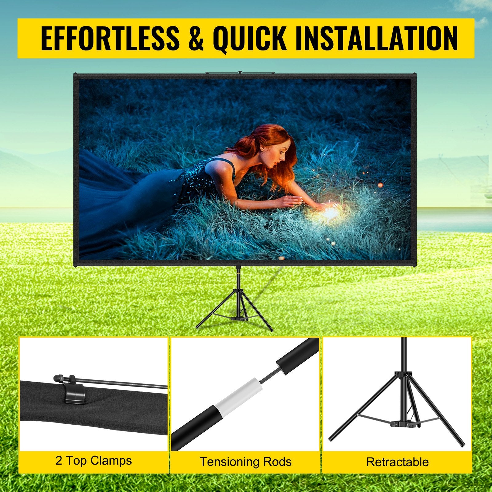VEVOR Tripod Projector Screen with Stand 80 inch 16:9 4K HD Projection Screen Stand Wrinkle-Free Height Adjustable Portable Screen for Projector Indoor & Outdoor for Movie, Home Cinema, Gaming, Office 4