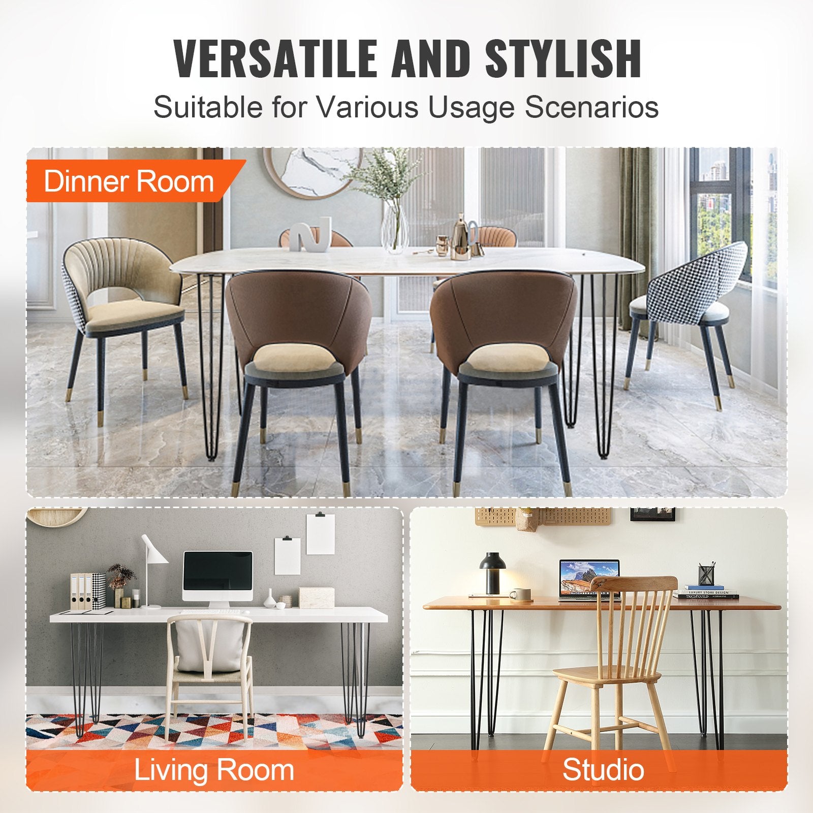 VEVOR Hairpin Table Legs 0.7M, Set of 4 Desk Legs 408.2KG Load Capacity, Hairpin Desk Legs 3 Rods for Desk Chairs Bench Dining End Table, Solid Carbon Steel Heavy Duty Furniture Legs Black 5