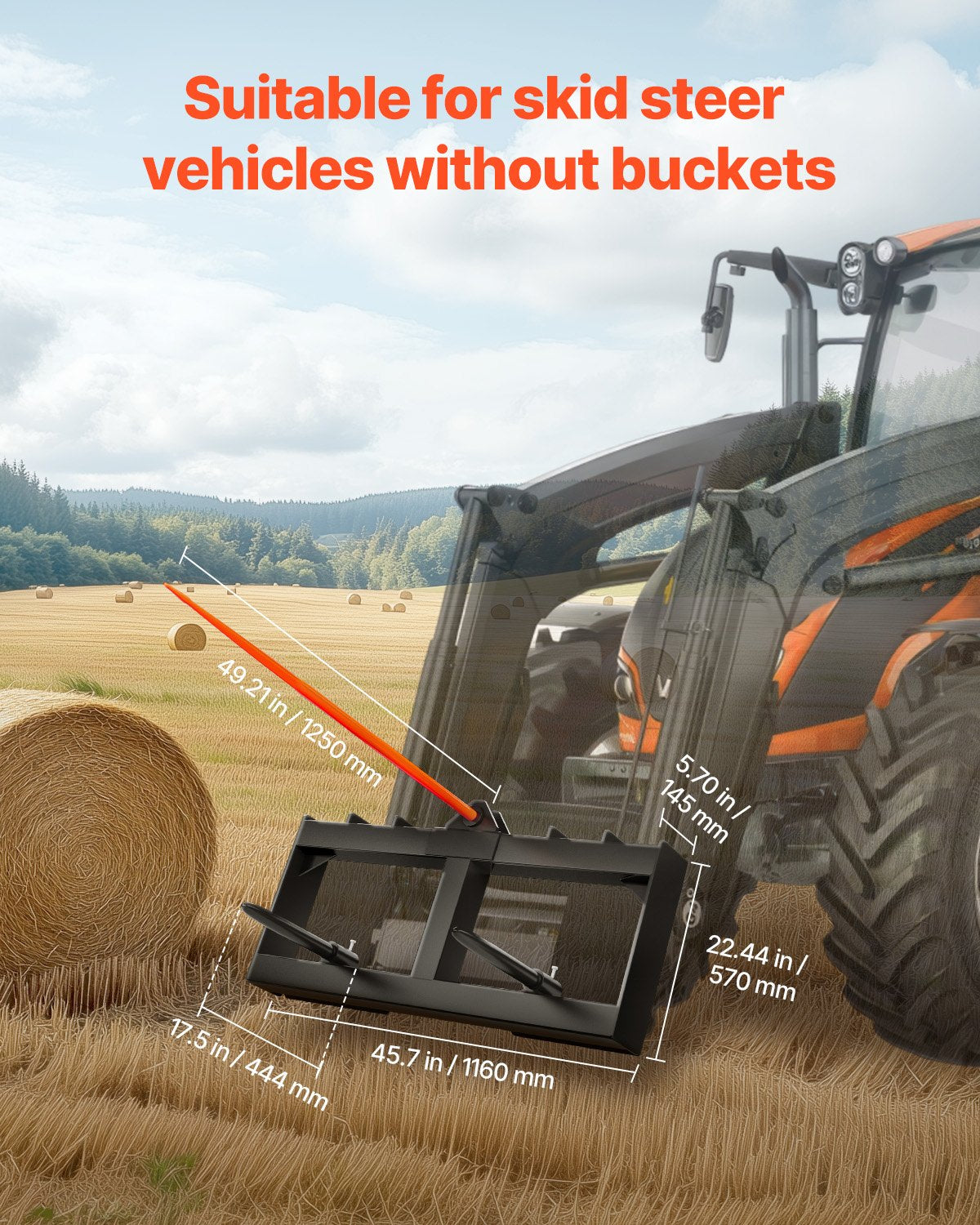VEVOR 49" Hay Spear, Bale Spears 726kg Loading Capacity, Skid Steer Loader Tractor Attachment with 2pcs 17.5" Stabilizer Spears, Quick Attach Spike Forks 4