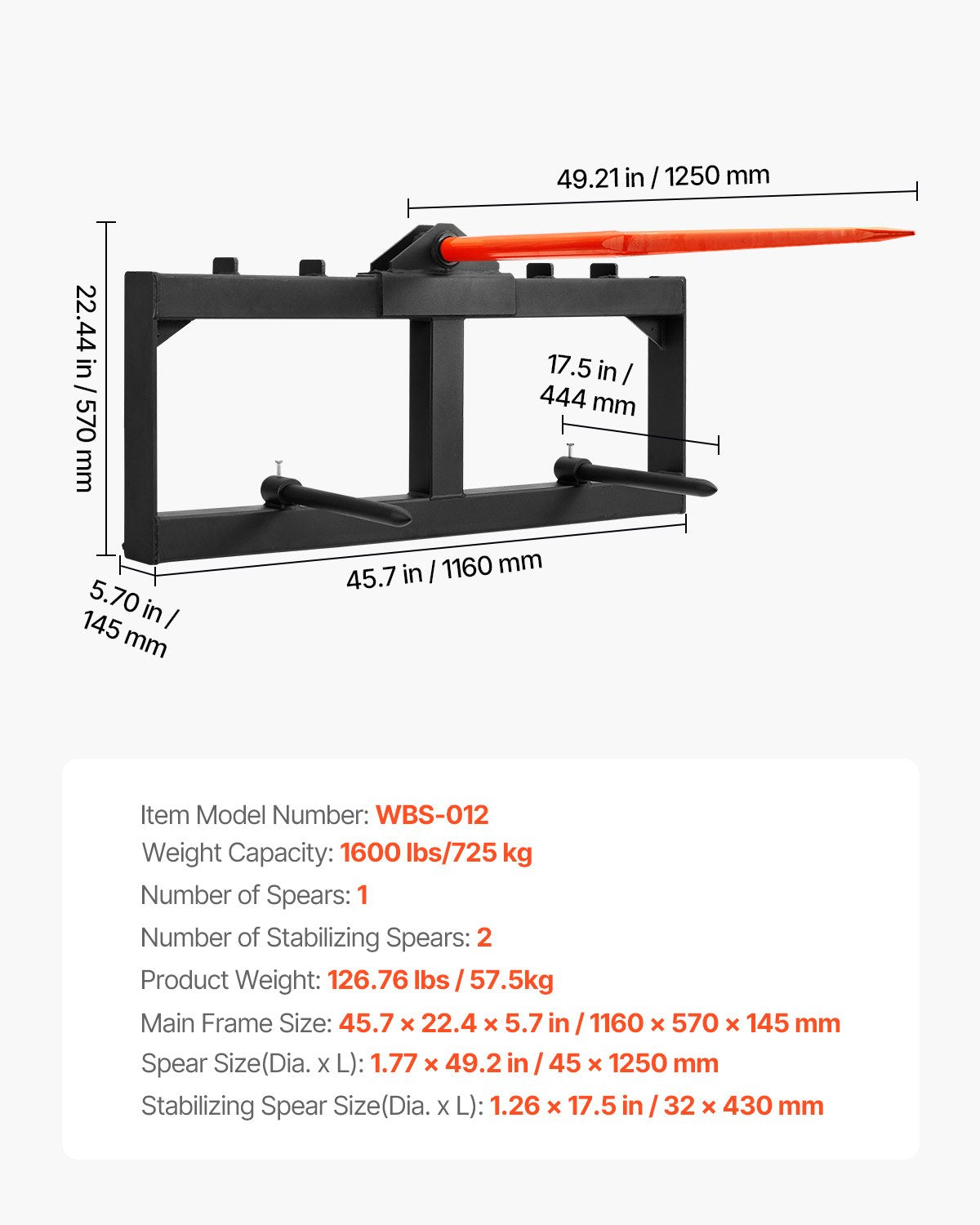 VEVOR 49" Hay Spear, Bale Spears 726kg Loading Capacity, Skid Steer Loader Tractor Attachment with 2pcs 17.5" Stabilizer Spears, Quick Attach Spike Forks 6