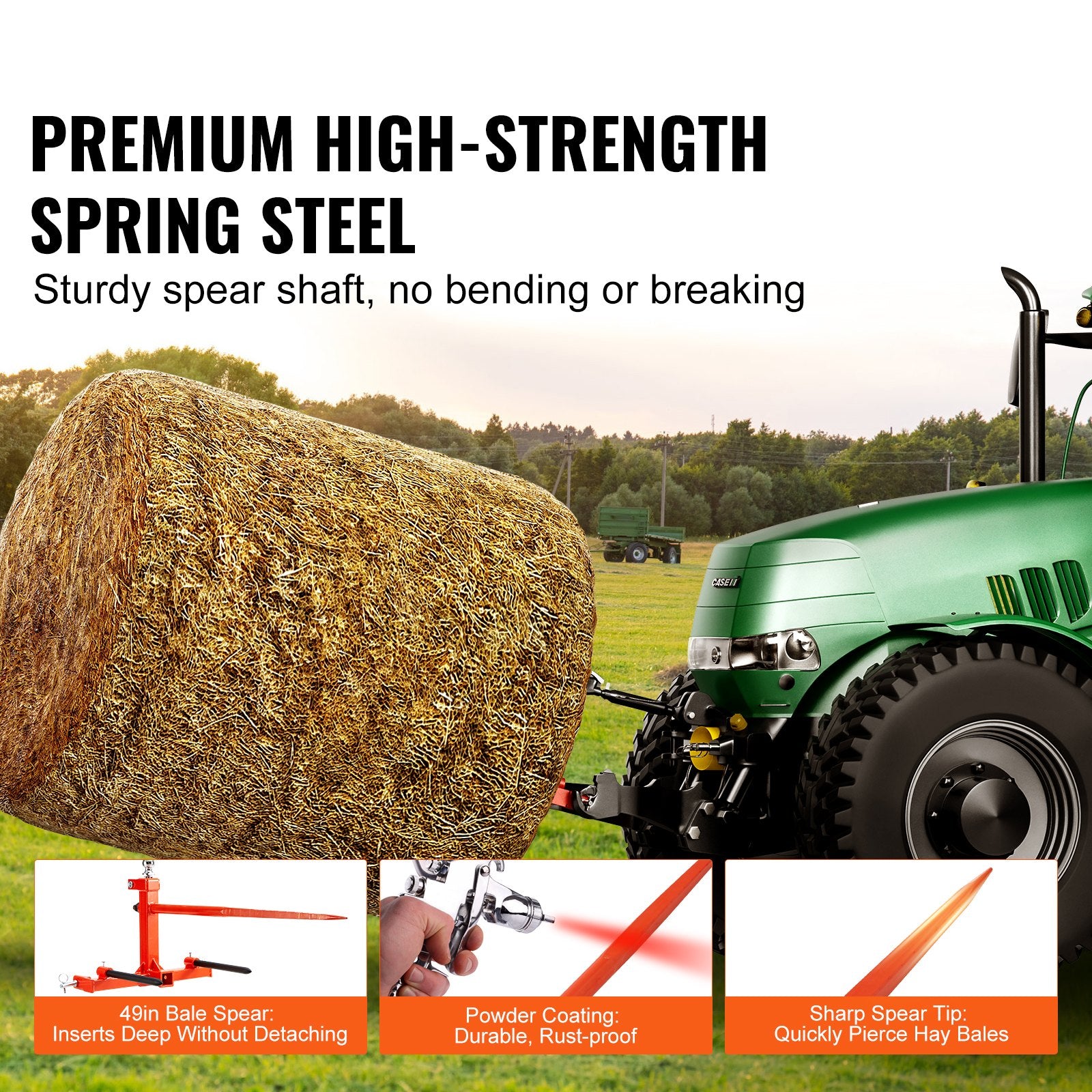 VEVOR 49" Hay Spear, Bale Spears 726kg Loading Capacity, Three-Point Hitch Tractor Attachment with 2pcs 17.5" Stabilizer Spears, Quick Attach Spike Forks 3