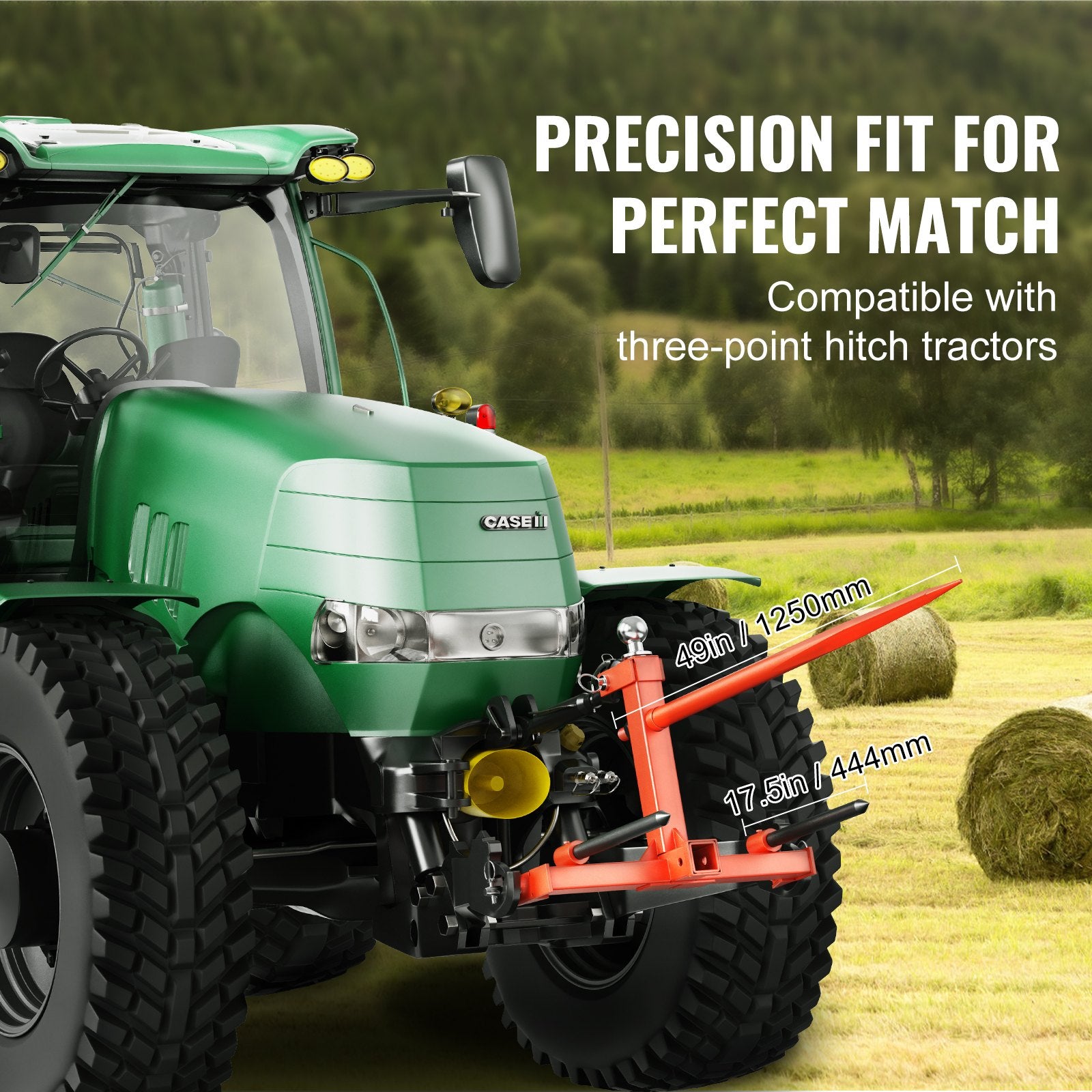 VEVOR 49" Hay Spear, Bale Spears 726kg Loading Capacity, Three-Point Hitch Tractor Attachment with 2pcs 17.5" Stabilizer Spears, Quick Attach Spike Forks 4