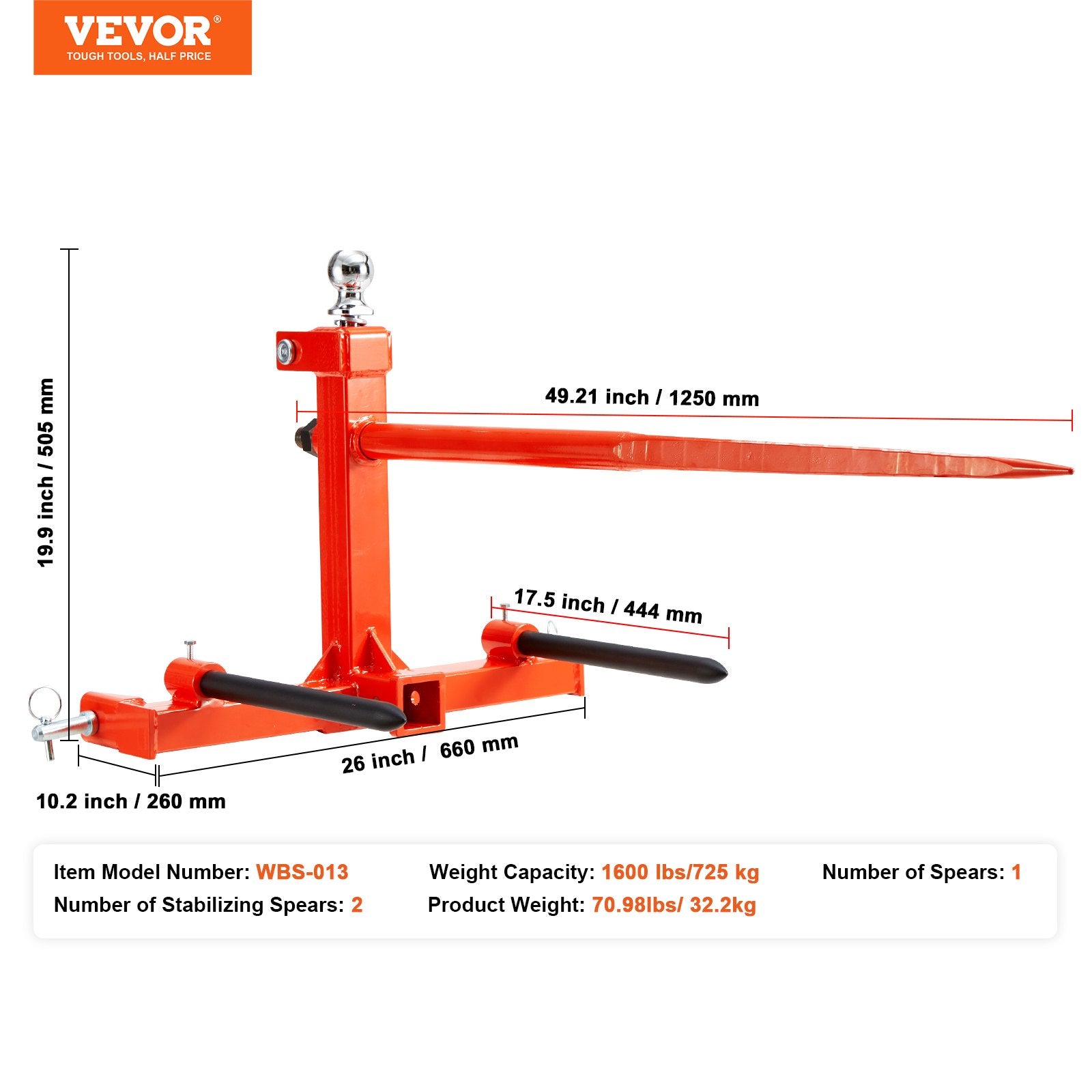 VEVOR 49" Hay Spear, Bale Spears 726kg Loading Capacity, Three-Point Hitch Tractor Attachment with 2pcs 17.5" Stabilizer Spears, Quick Attach Spike Forks 7