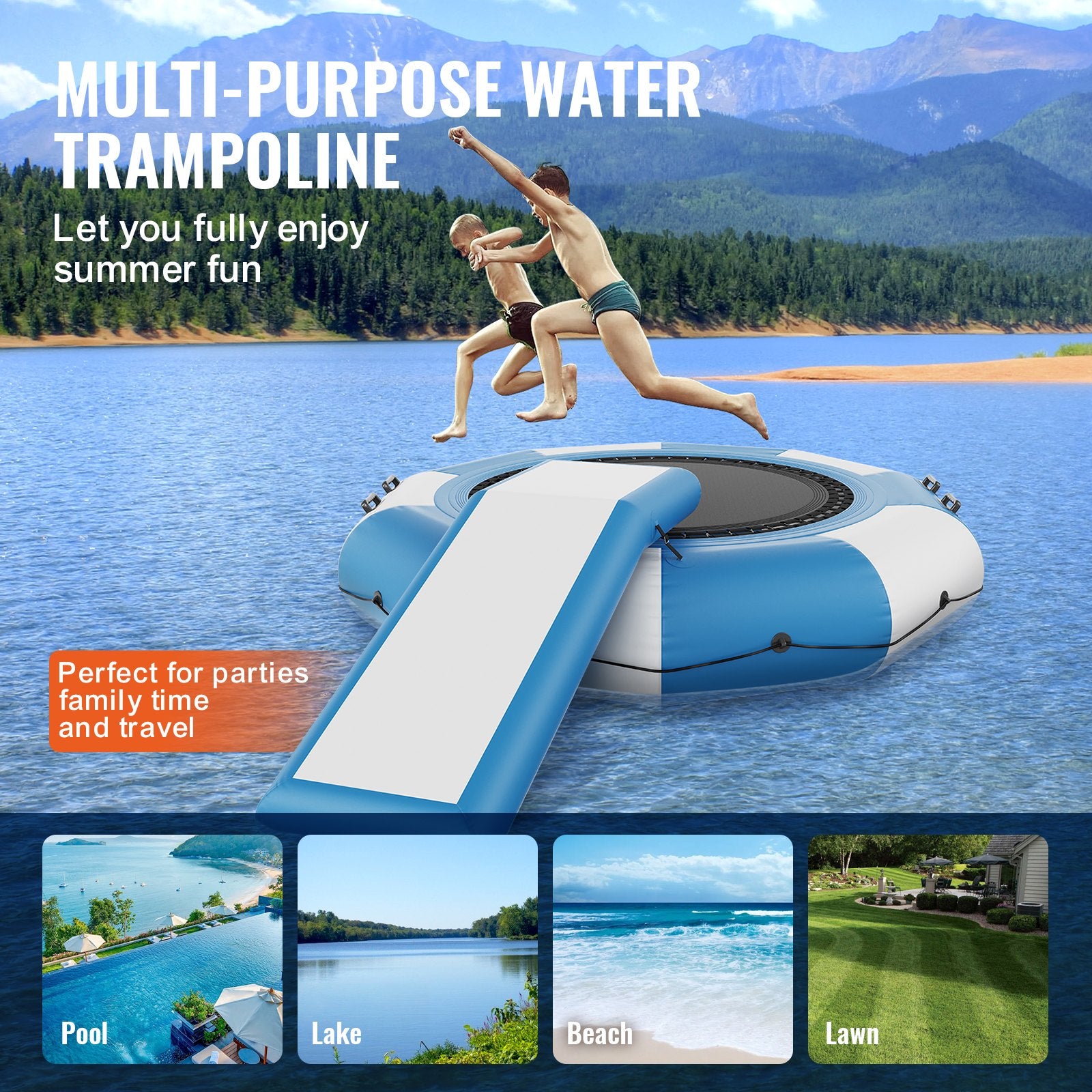 VEVOR Inflatable Water Bouncer, 10ft Recreational Water Trampoline, Portable Bounce Swim Platform with Slide, 3-Step Ladder & Electric Air Pump, Kid Adult Floating Rebounder for Pool Lake Water Sports 6