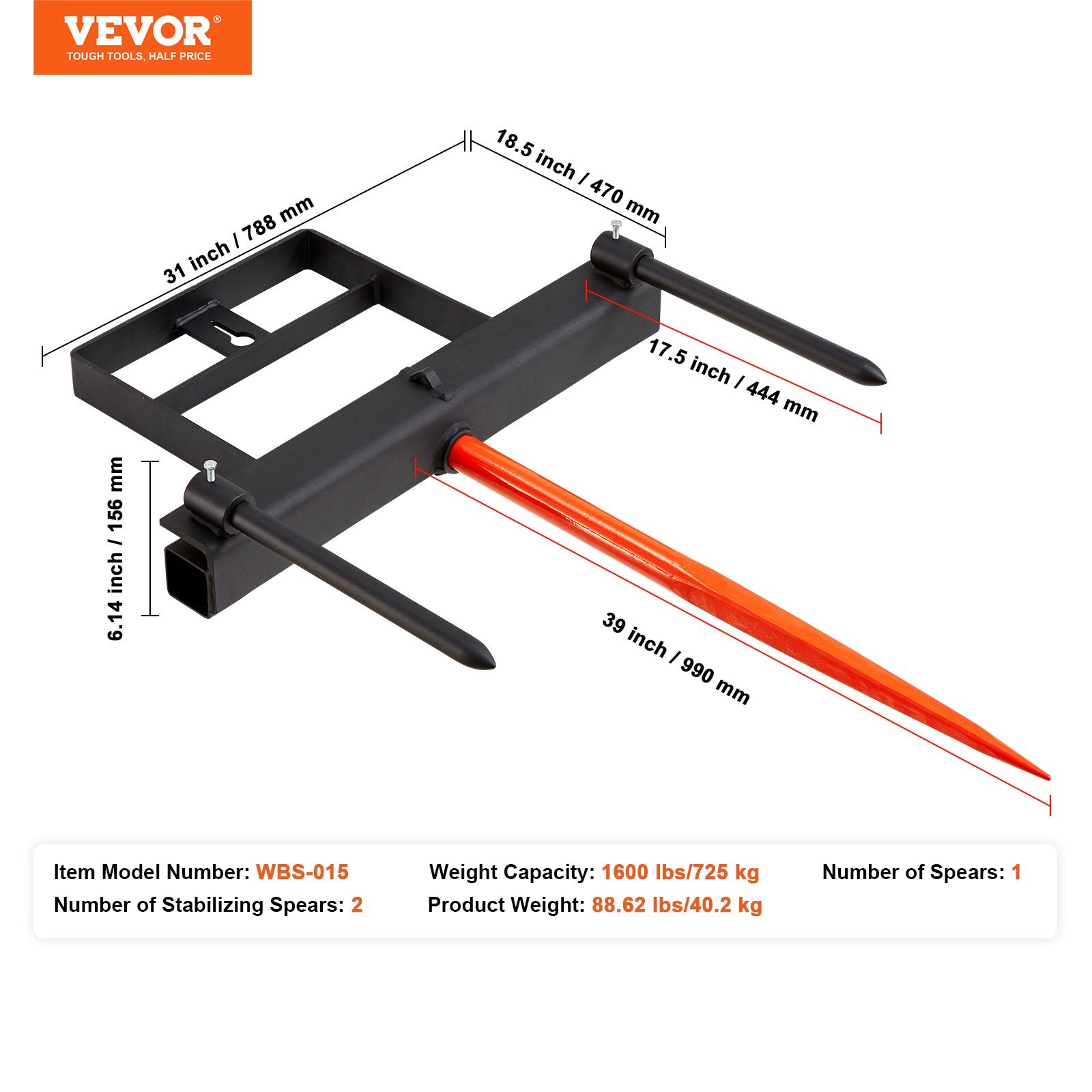 VEVOR 39" Hay Spear, Bale Spears 726kg Loading Capacity, Skid Steer Loader Tractor Bucket Attachment with 2pcs 17.5" Stabilizer Spears and 60" Chain, Quick Attach Spike Forks 7