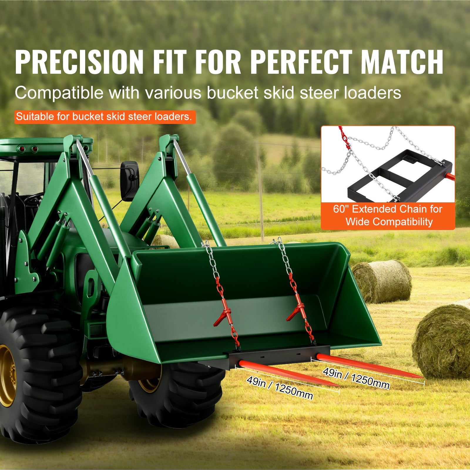 VEVOR 49" Hay Spear, Bale Spears 1360kg Loading Capacity, Skid Steer Loader Tractor Bucket Attachment with 2pcs 17.5" Stabilizer Spears and 60" Chain, Quick Attach Spike Forks 4