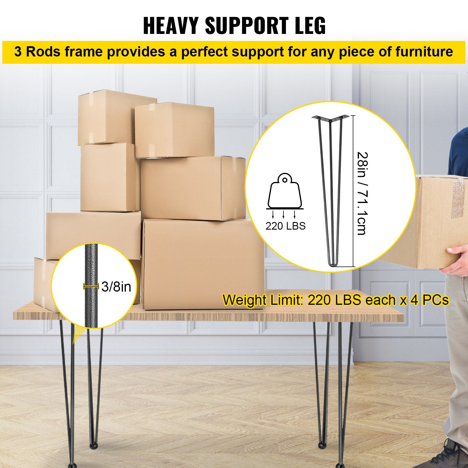 VEVOR Hairpin Table Legs 28 inch, Set of 4 DIY Desk Table Legs 3 Rods Heavy Duty 3