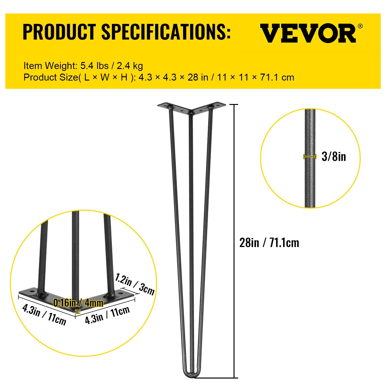 VEVOR Hairpin Table Legs 28 inch, Set of 4 DIY Desk Table Legs 3 Rods Heavy Duty 7