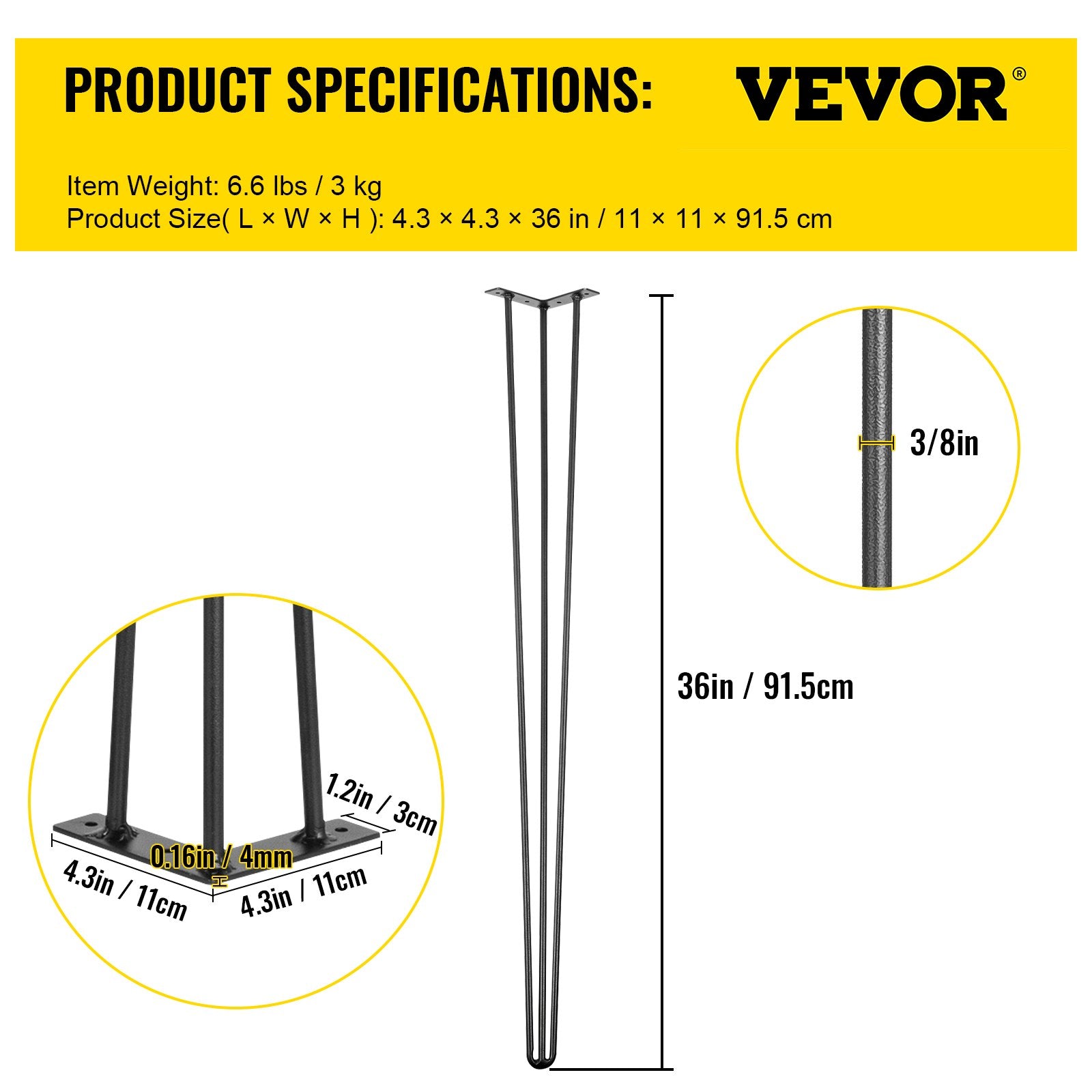 VEVOR Hairpin Table Legs 36 inch, Set of 4 DIY Desk Table Legs 3 Rods Heavy Duty 7