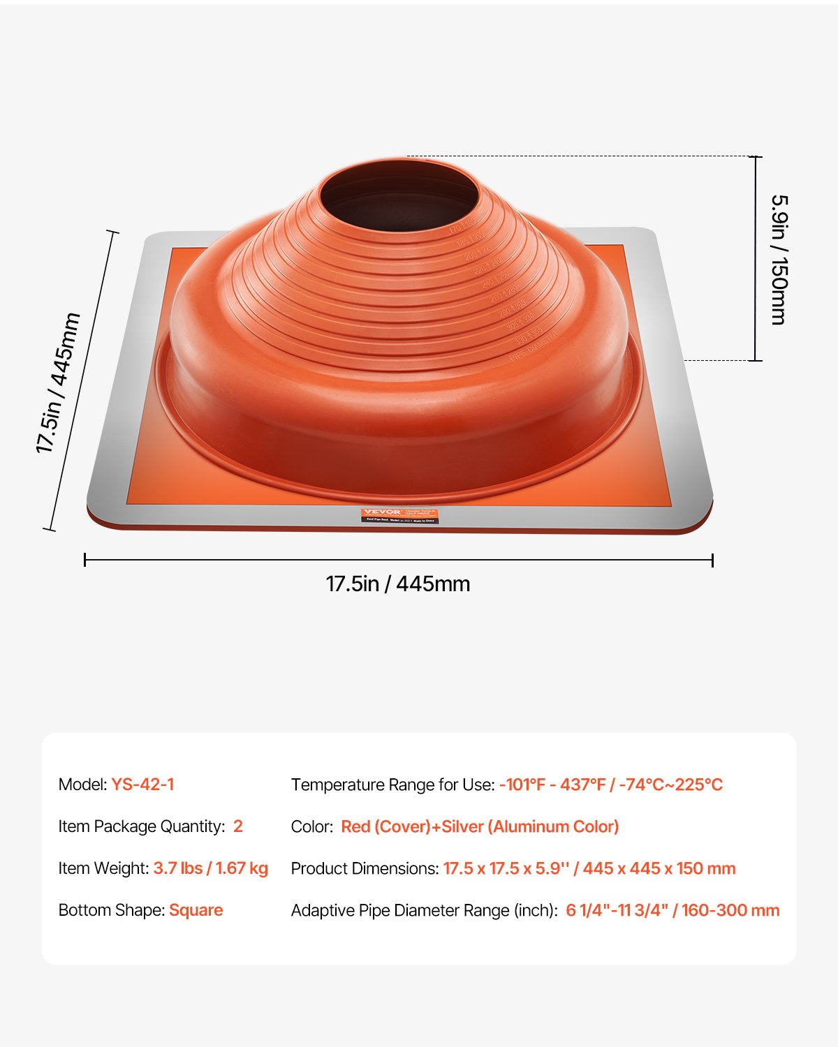 VEVOR 2 Pcs Metal Roof Pipe Flashing Boot Fit 160-300 mm Pipe High Temp Silicone 7