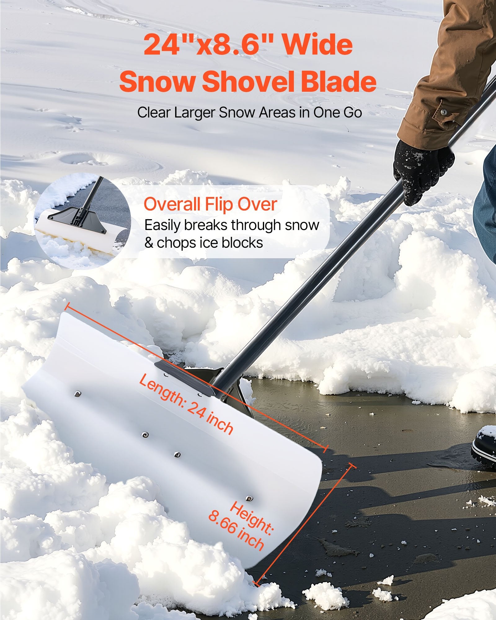 VEVOR Snow Pusher Shovel, 61 cm Wide Outdoor Snowplow Shovel with Ergonomic Grip, HDPE Plastic Blade, Winter Shovels with Segmented Handle, Portable Snow Removal Tool for Driveway Garden Camping