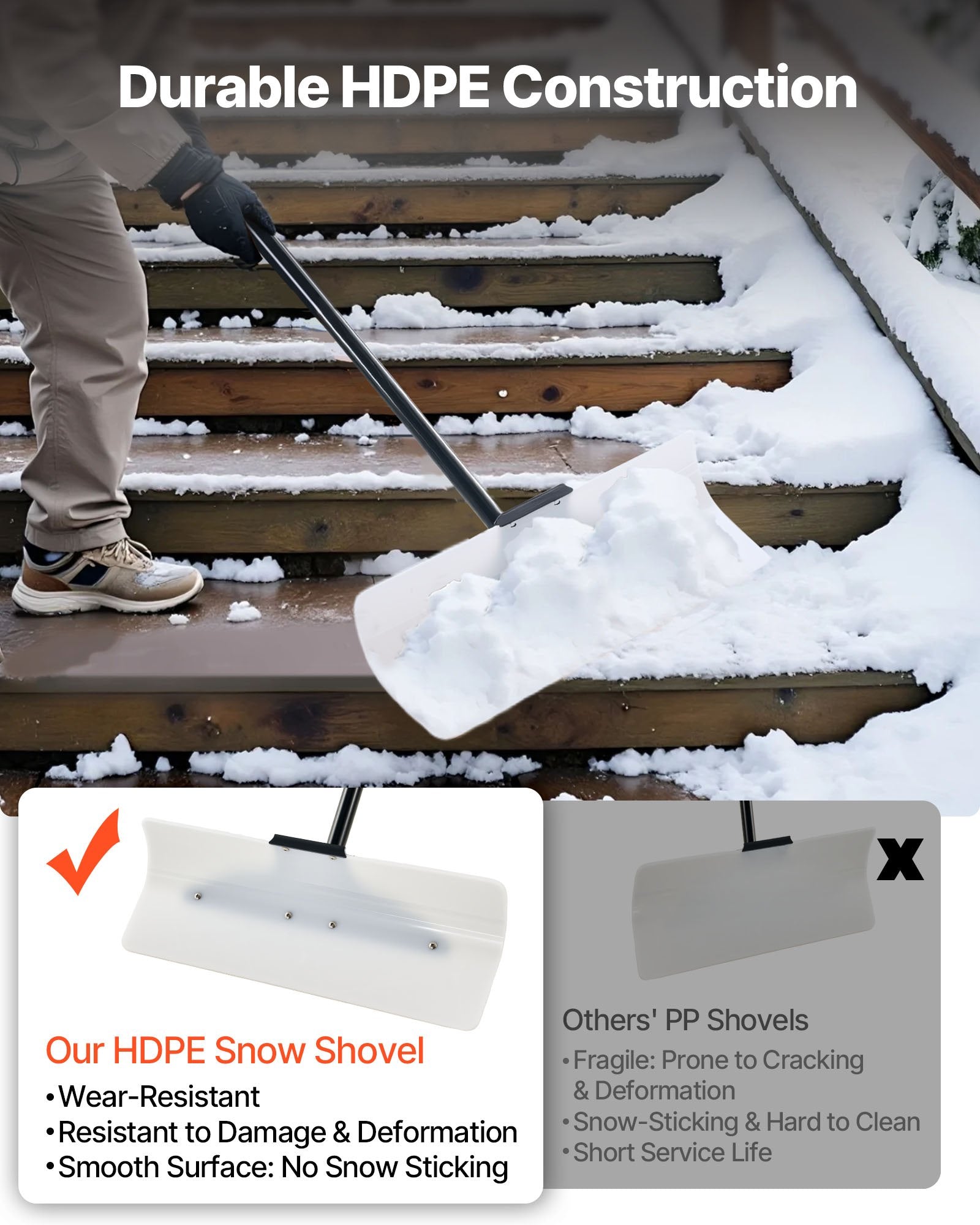 VEVOR Snow Pusher Shovel, 61 cm Wide Outdoor Snowplow Shovel with Ergonomic Grip, HDPE Plastic Blade, Winter Shovels with Segmented Handle, Portable Snow Removal Tool for Driveway Garden Camping 3