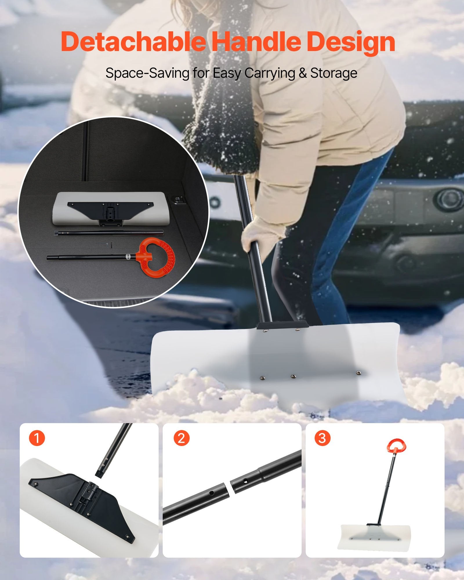 VEVOR Snow Pusher Shovel, 61 cm Wide Outdoor Snowplow Shovel with Ergonomic Grip, HDPE Plastic Blade, Winter Shovels with Segmented Handle, Portable Snow Removal Tool for Driveway Garden Camping 5