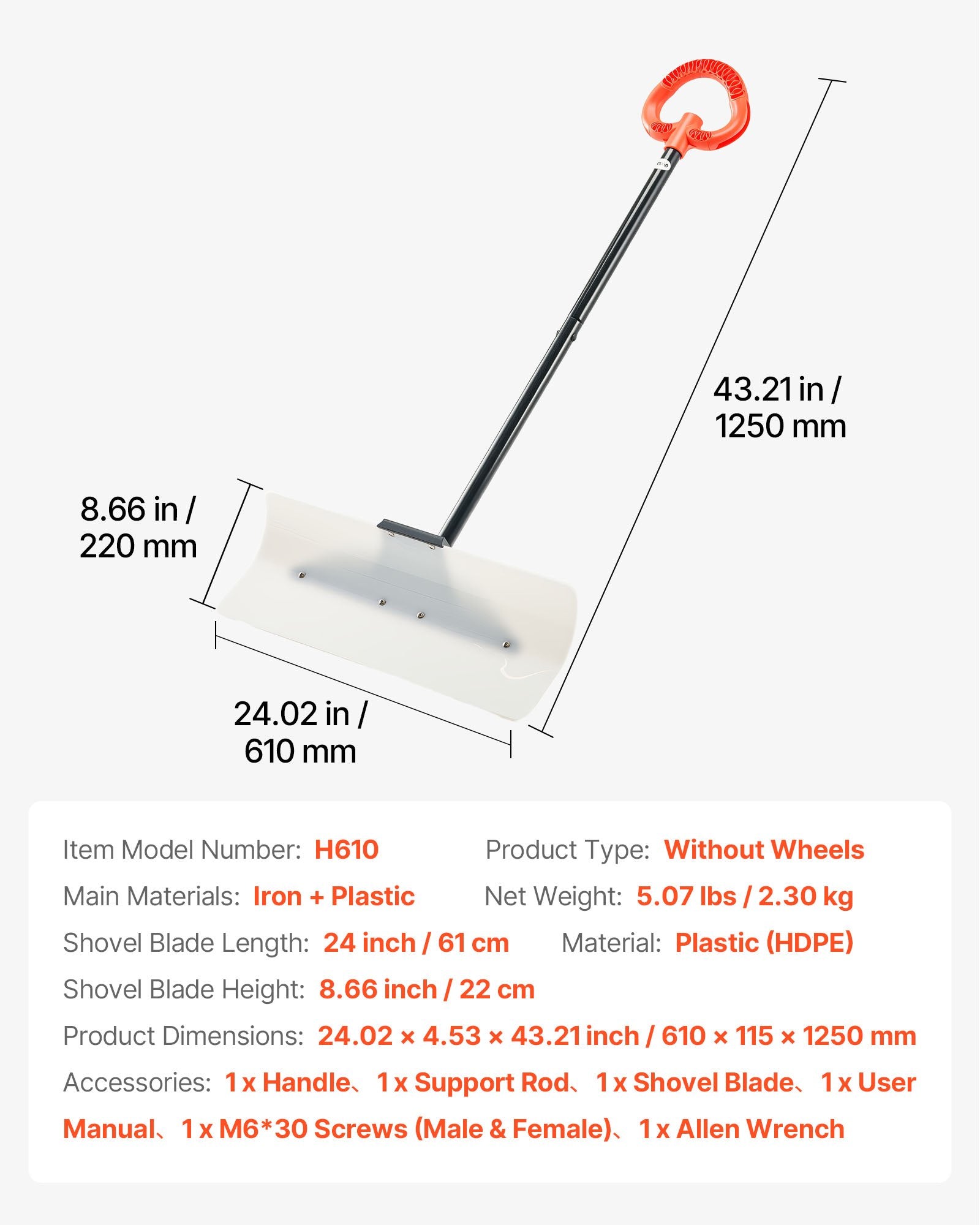 VEVOR Snow Pusher Shovel, 61 cm Wide Outdoor Snowplow Shovel with Ergonomic Grip, HDPE Plastic Blade, Winter Shovels with Segmented Handle, Portable Snow Removal Tool for Driveway Garden Camping 7