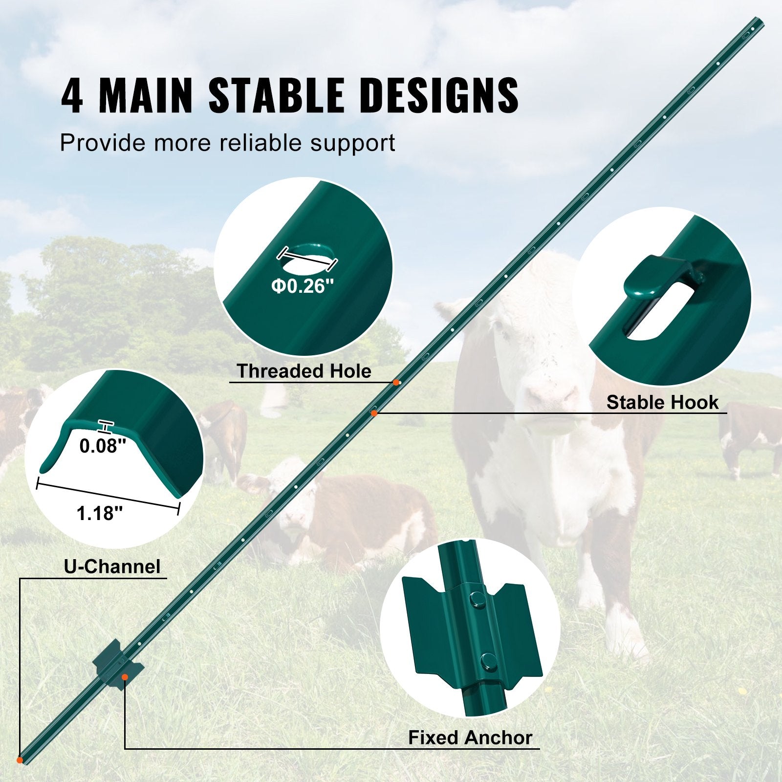 VEVOR 7 Feet Fence Post, 10 Pack U-Channel Heavy Duty Metal Fence Posts, Sturdy Steel Fence Stakes for Garden Yard, Lawn, Farms and Outdoor Wire Fencing, Green 4