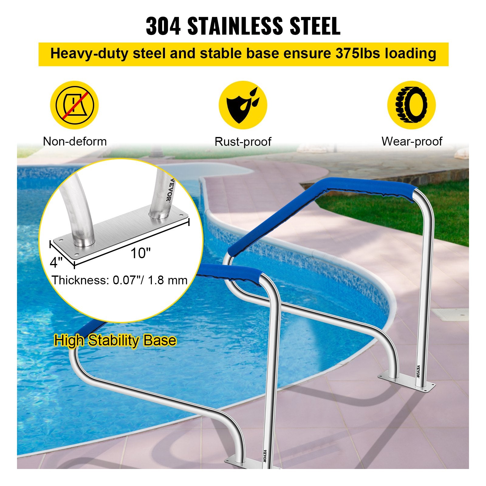 VEVOR Swimming Pool Handrail Ladder Handrail Stainless Steel Rail w/ Base Plate 4
