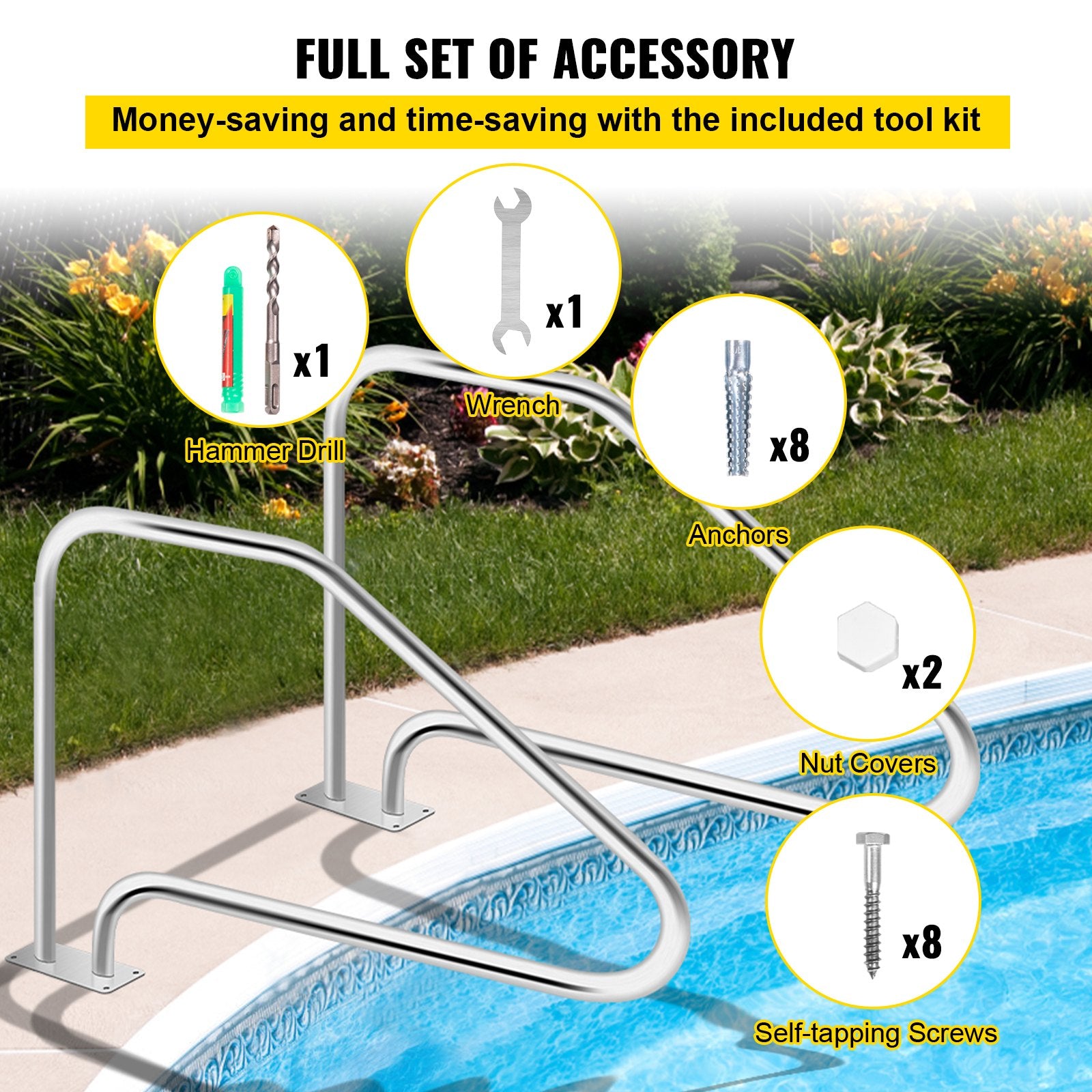 VEVOR Swimming Pool Handrail Ladder Handrail Stainless Steel Rail w/ Base Plate 6