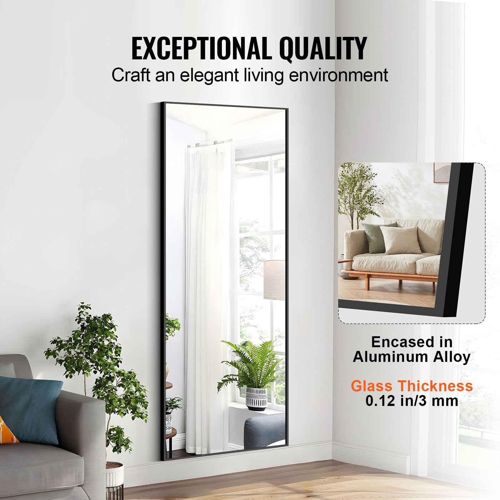VEVOR Full Length Mirror, 1800x785 mm, Extra Large Standing Hanging or Leaning Rectangle Floor Mirror with Tempered Glass Aluminum Alloy Frame, Full Body Dressing Mirror for Living Room Bedroom, Black 4