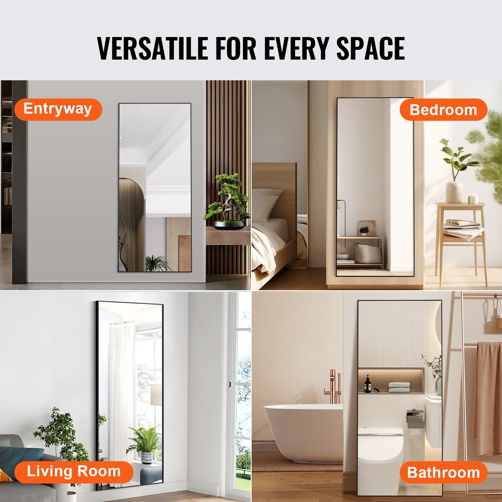 VEVOR Full Length Mirror, 1800x785 mm, Extra Large Standing Hanging or Leaning Rectangle Floor Mirror with Tempered Glass Aluminum Alloy Frame, Full Body Dressing Mirror for Living Room Bedroom, Black 6