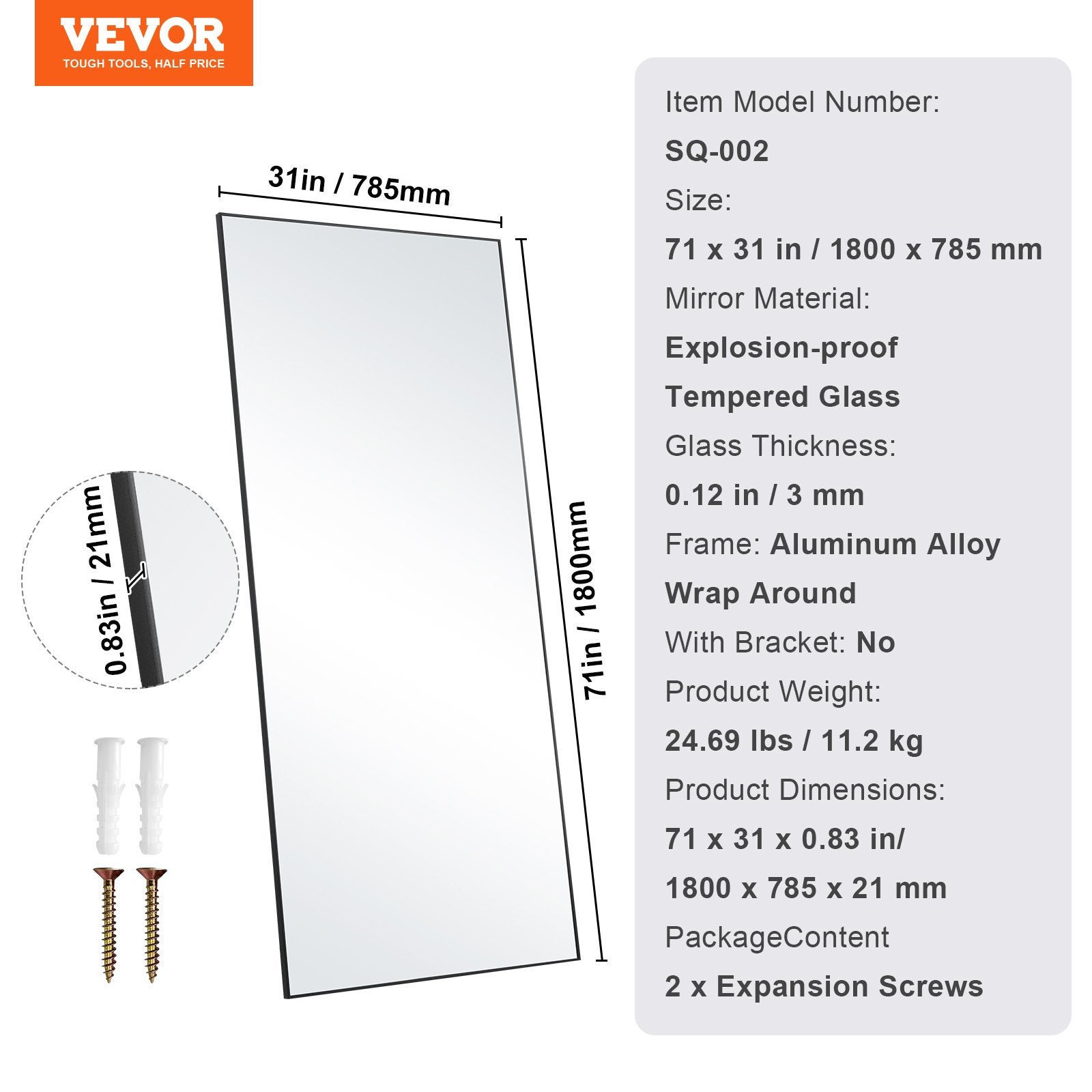 VEVOR Full Length Mirror, 1800x785 mm, Extra Large Standing Hanging or Leaning Rectangle Floor Mirror with Tempered Glass Aluminum Alloy Frame, Full Body Dressing Mirror for Living Room Bedroom, Black 7