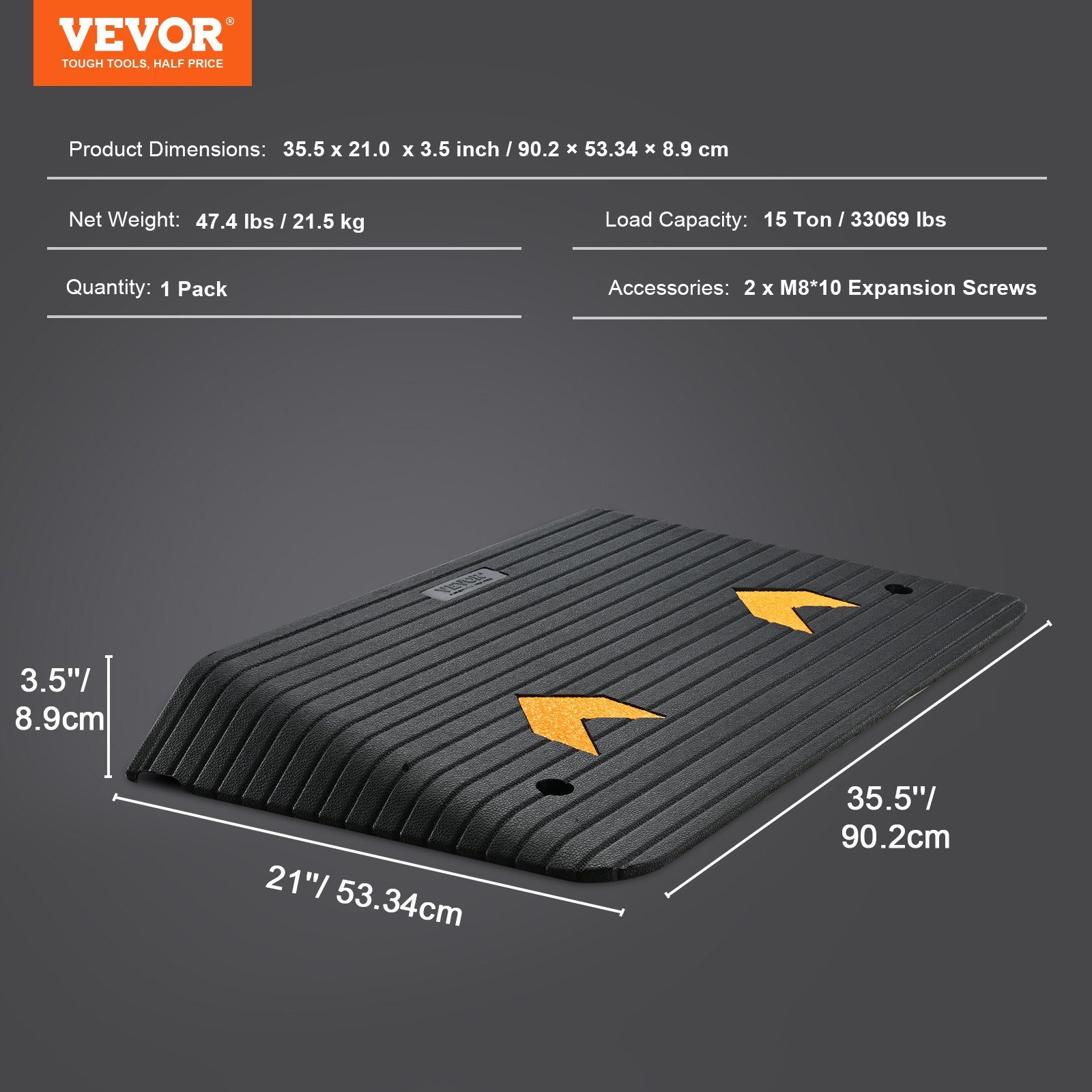 VEVOR Upgraded Rubber Threshold Ramp, 8.9 cm Rise Door Ramp with 1 Channel, Natural Rubber Car Ramp with Non-Slip Textured Surface, 15 tons Load Capacity Curb Ramp for Wheelchair and Scooter 7