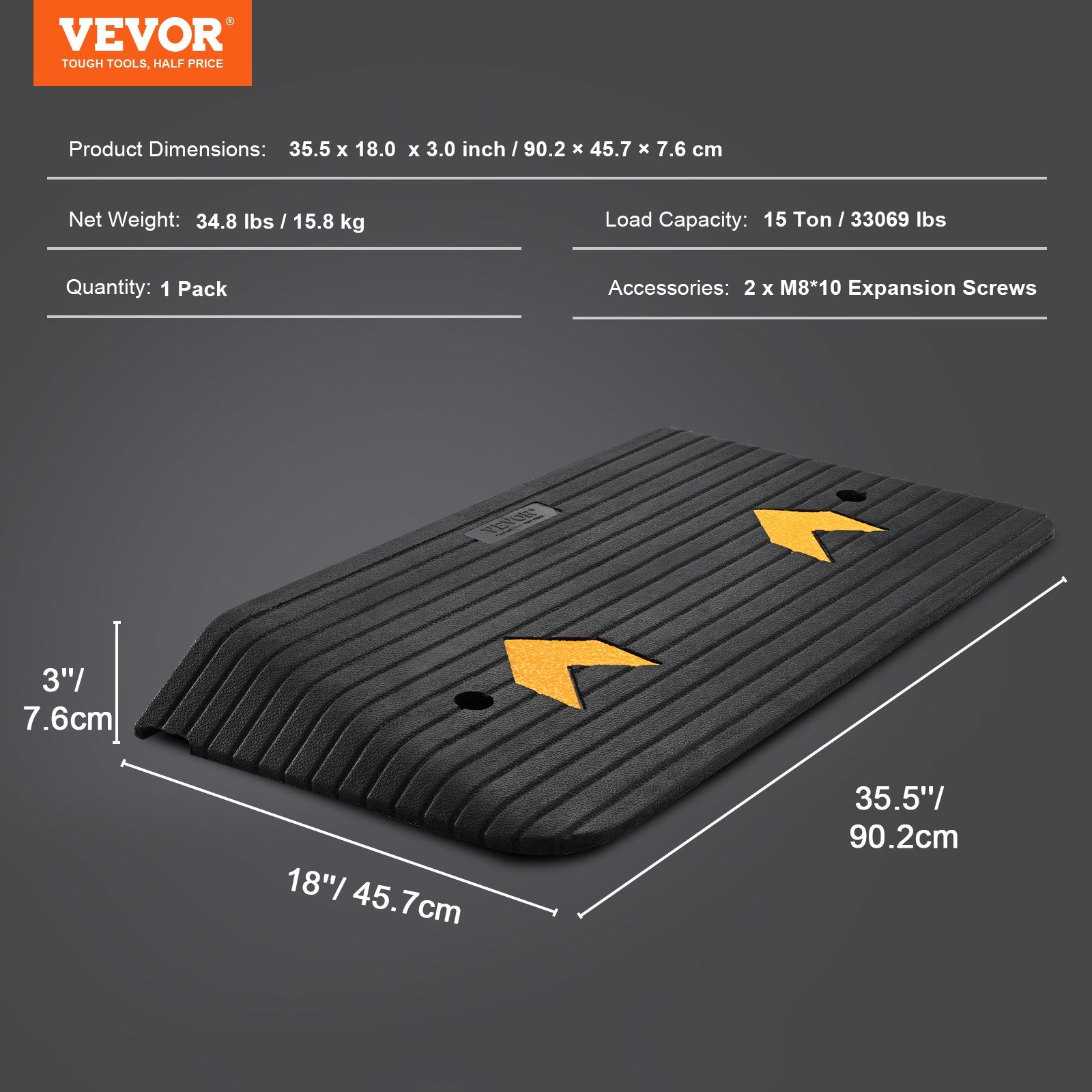 VEVOR Upgraded Rubber Threshold Ramp, 7.6 cm Rise Door Ramp with 1 Channel, Natural Rubber Car Ramp with Non-Slip Textured Surface, 150 tons Load Capacity Curb Ramp for Wheelchair and Scooter 7