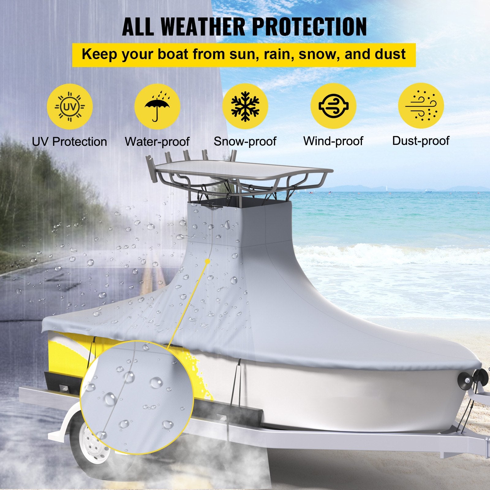 VEVOR T-Top Boat Cover, Fit for 22\'-24\' Boat, Heavy Duty 600D Marine Grade Oxford Hard Top Cover, UV Resistant Waterproof Center Console Boat Cover with 2 Support Poles and 7 Wind-Proof Straps, Gray 4